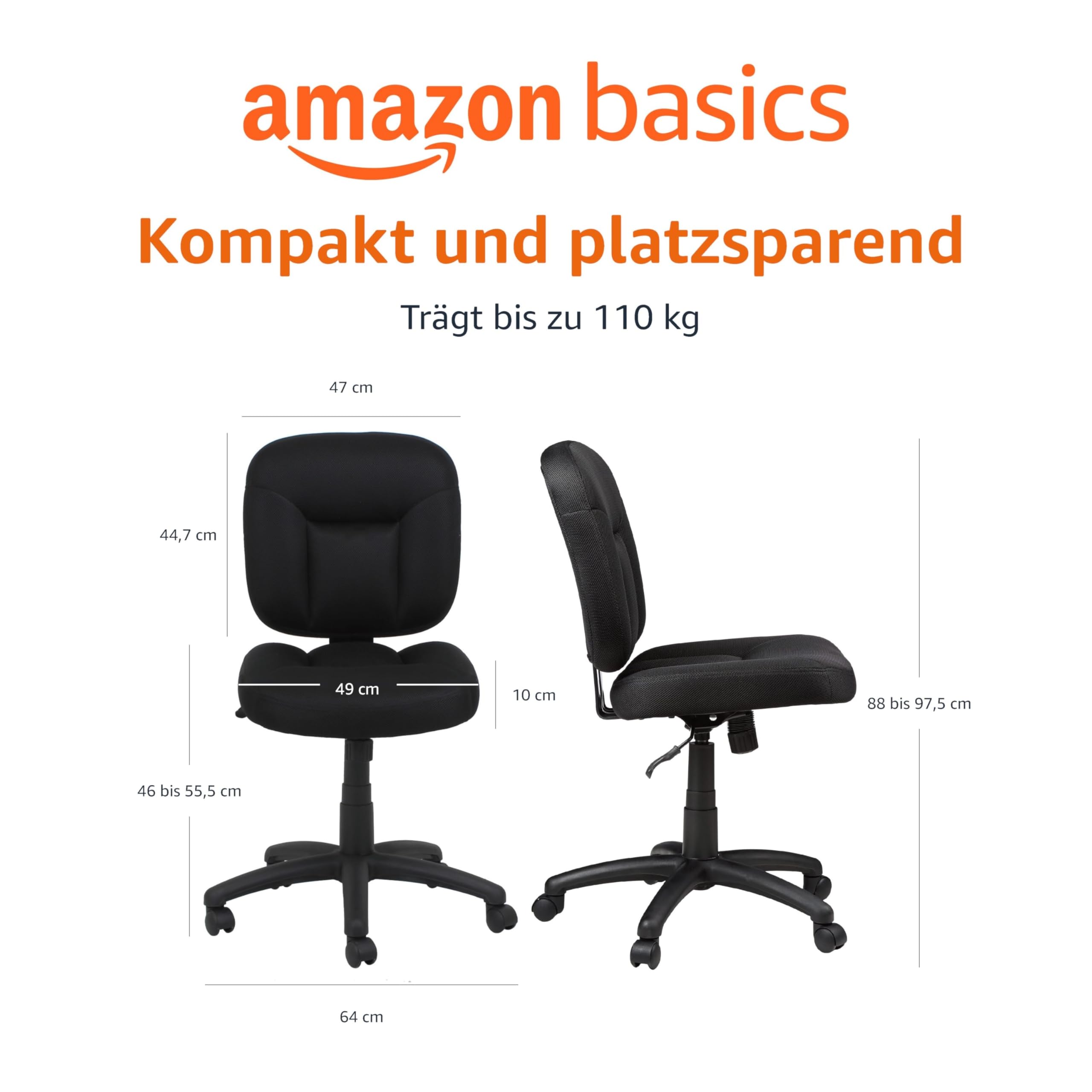 Amazon Basics Bürostuhl, Schreibtischstuhl mit gepolsterter Rückseite, rückenfreundlich, höhenverstellbar, einfache Montage, 65 D x 61 W x 87.5-98 H cm, schwarz