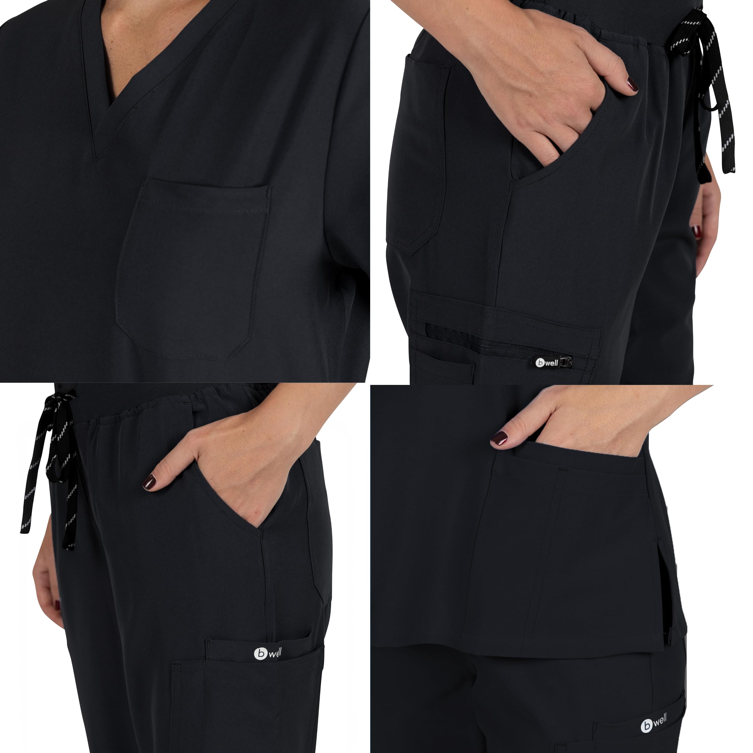 B-well BELLA Damen-Schrubb-Set Schlupfkasack + Schlupfhose Set Medizin Arzt Uniform Schlupfjacke Oberteil mit Hose Medizinische Berufsbekleidung mit Elastan (Schwarz, XL)