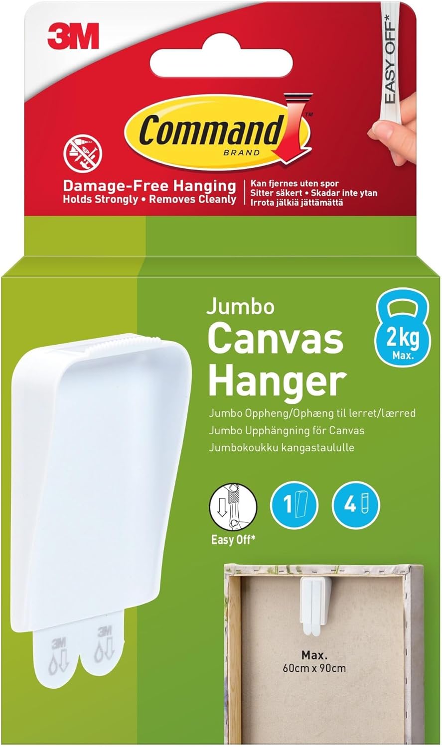 Command Jumbo Canvas Hanger Hook, Pack of 1 Hook and 4 Adhesive Strips, White – Damage Free Hanging for Canvas Framed Pictures, Prints and Art – Holds up to 2 kg