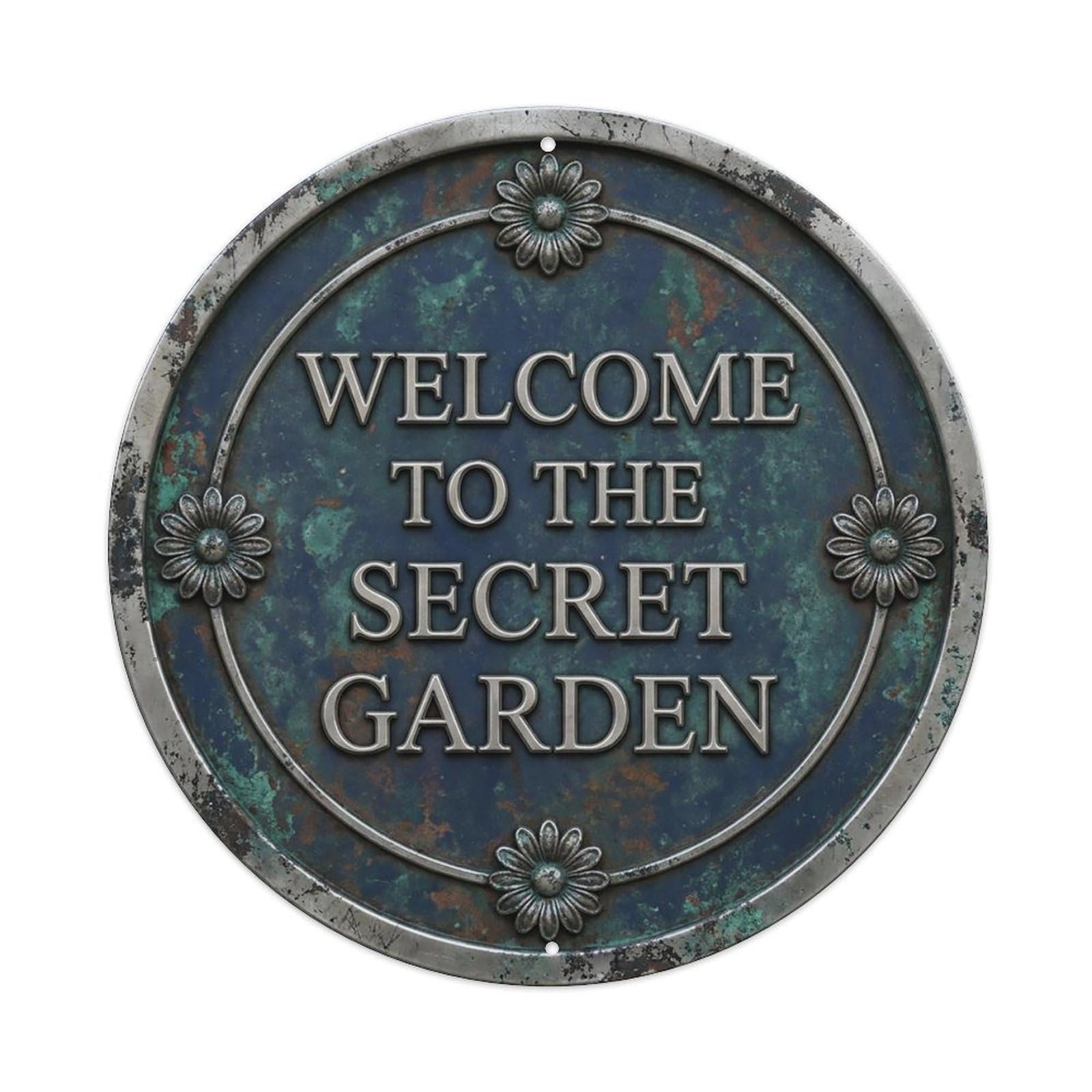 Vintage Welcome Secret Garden Pewter Navy Daisy Metal Tin Sign