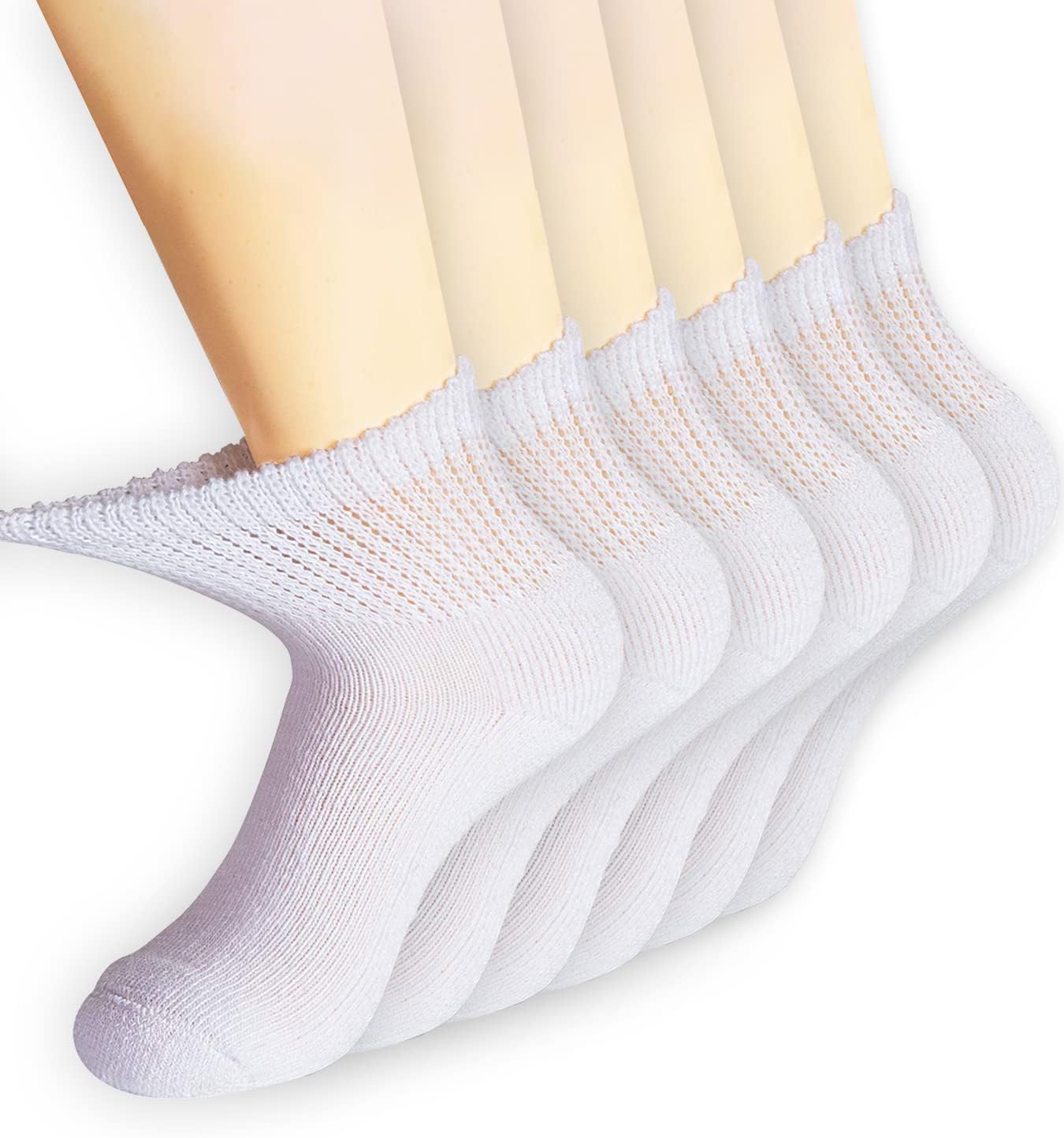 MD Diabetic Socks Mens and Womens Half Cushion Circulatory Quarter Socks for All Seasons Loose Fit 6 Pack 13-15 White.