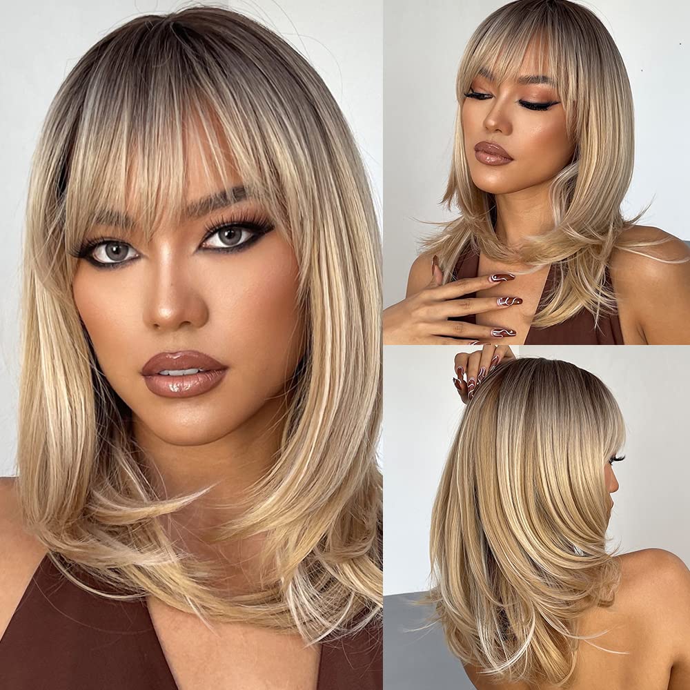 Kellynee Ombre Blonde Wig with Bangs - Medium Long Straight Blonde Wigs with Dark Roots for Women, Realistic Synthetic Heat Resistant Hair, Best Natural Wigs for Daily/Halloween/Party/Cosplay