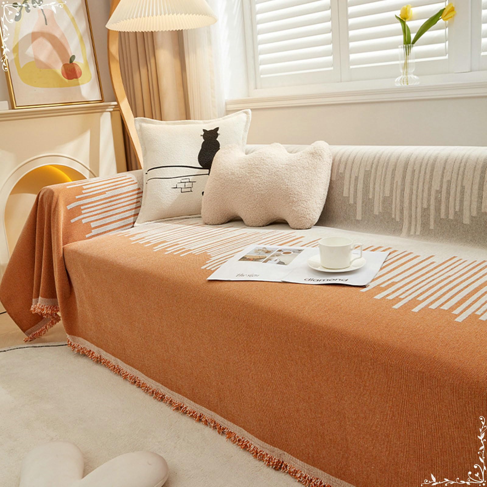 Housse Canapé Lit 2 Places, Couverture de Canapé-Lit Universel Protection de Canapé Motif à Rayures irrégulières Orange en Chenille, 180x200cm