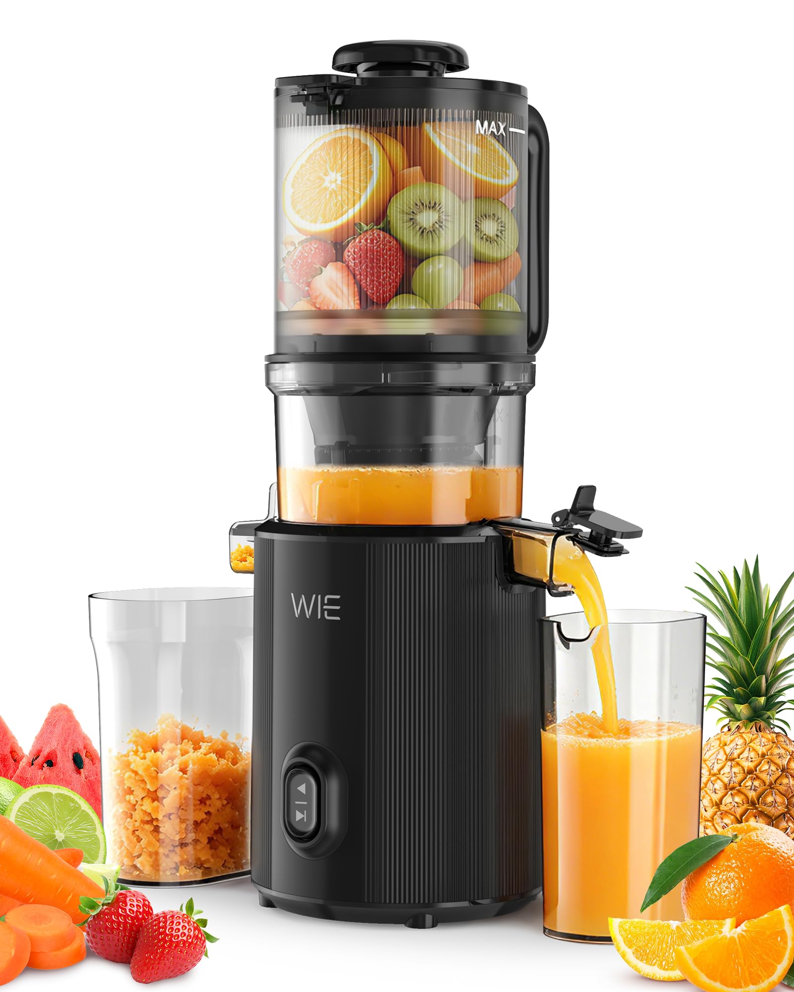 WIE Extracteur de Jus Slow Juicer Goulotte Large 135 mm pour Fruits et Légumes Entiers Moteur 300W Grande Capacité 2.6 L Presse à Froid Silencieuse