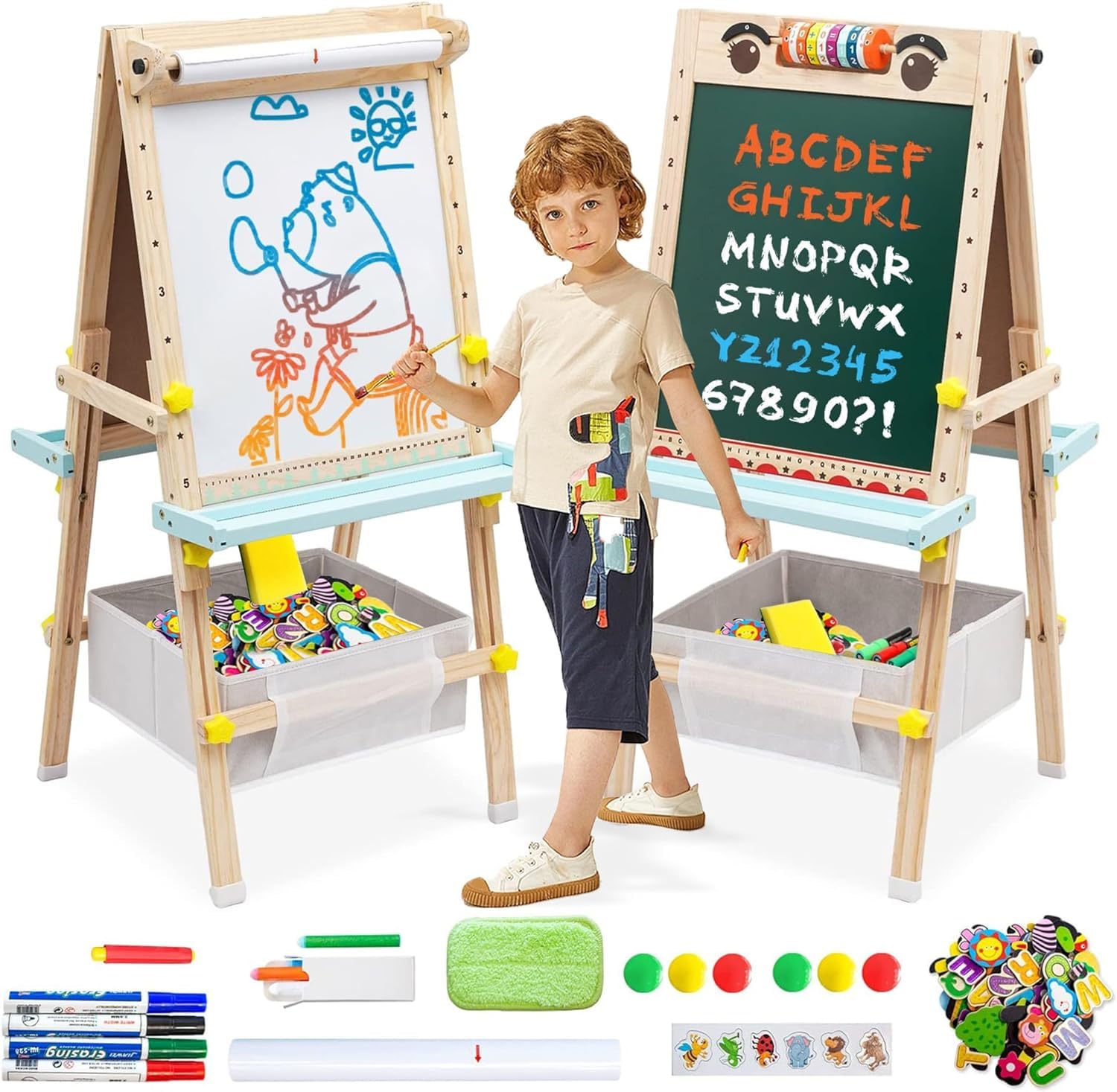 Pizarra Caballete ​Todo en 1 de Madera|Caballete para Niños y Niñas de dos Caras | Caballete de Madera para Dibujo con Rollo de Papel,Pizarra Blanca, Pizarra de Tiza y Otros Ricos Accesorios