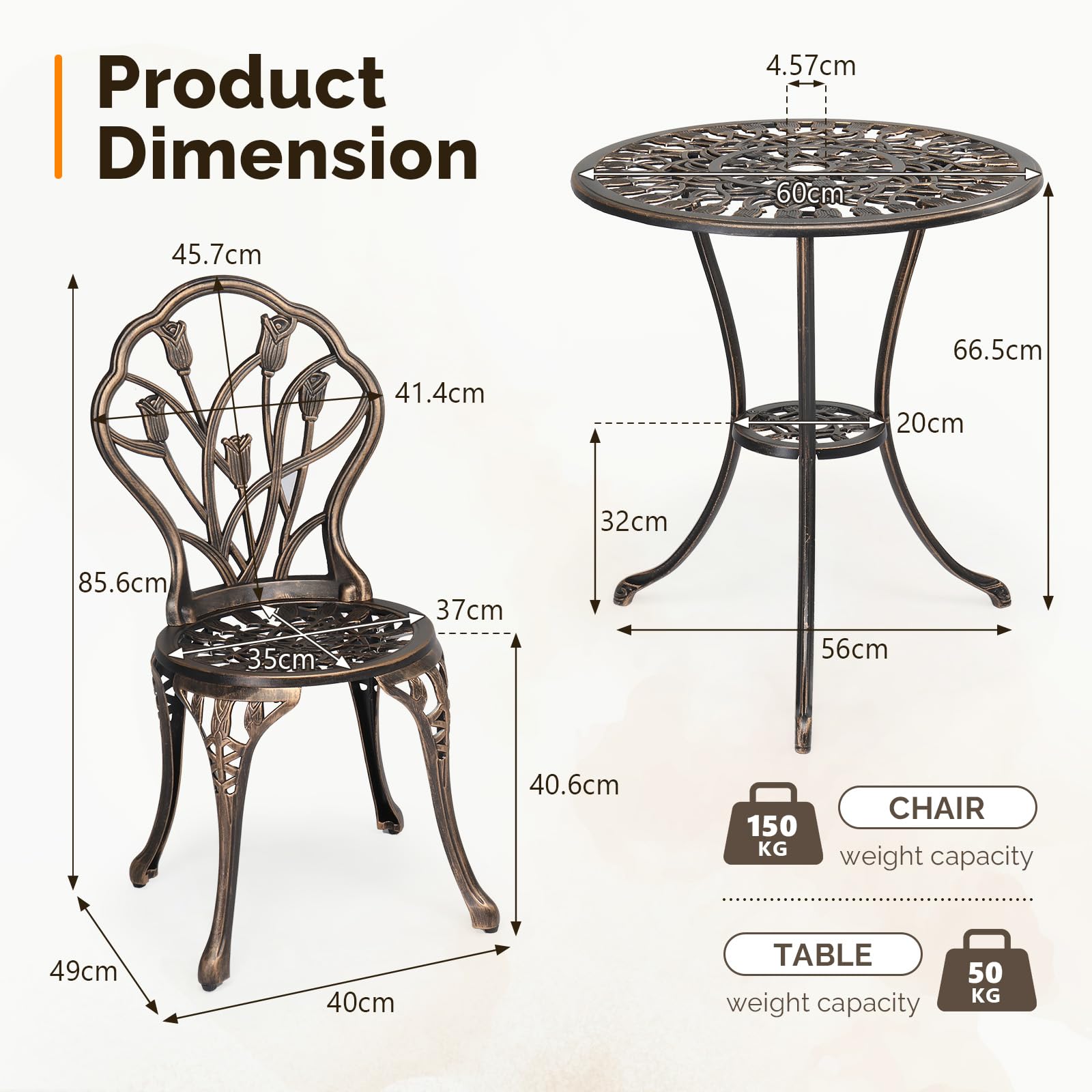 Bonnlo Set Bistrot in Lega di Alluminio, Set Tavolo e 2 Sedie da Giardino con 2 Cuscini in Spugna, Piedini Regolabili e Foro per Ombrellone, Tavolino e Sedie per Patio, Esterno e Balcone