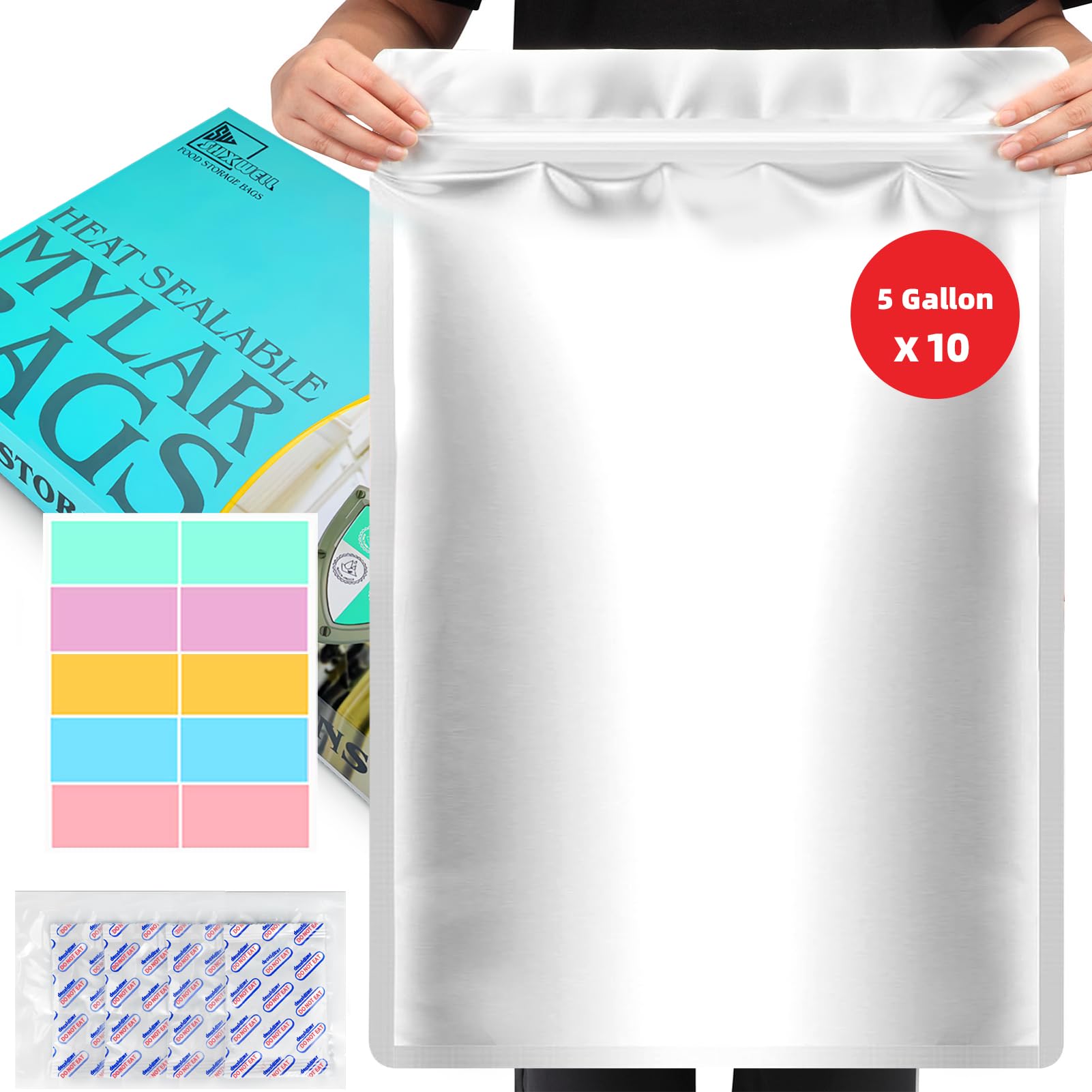 10PCS 5 Gallon Mylar Bags with 2500CC Oxygen Absorbers and Labels, Zipper Resealable Pouches Heat Sealable Bags for Long Term Food Storage