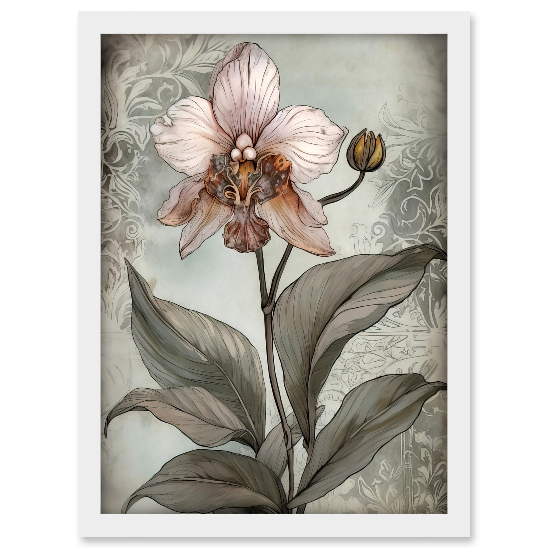 Artery8 Art Nouveau Pink Orchid Bloom Flower Watercolour Artwork Framed A3 Wall Art Print