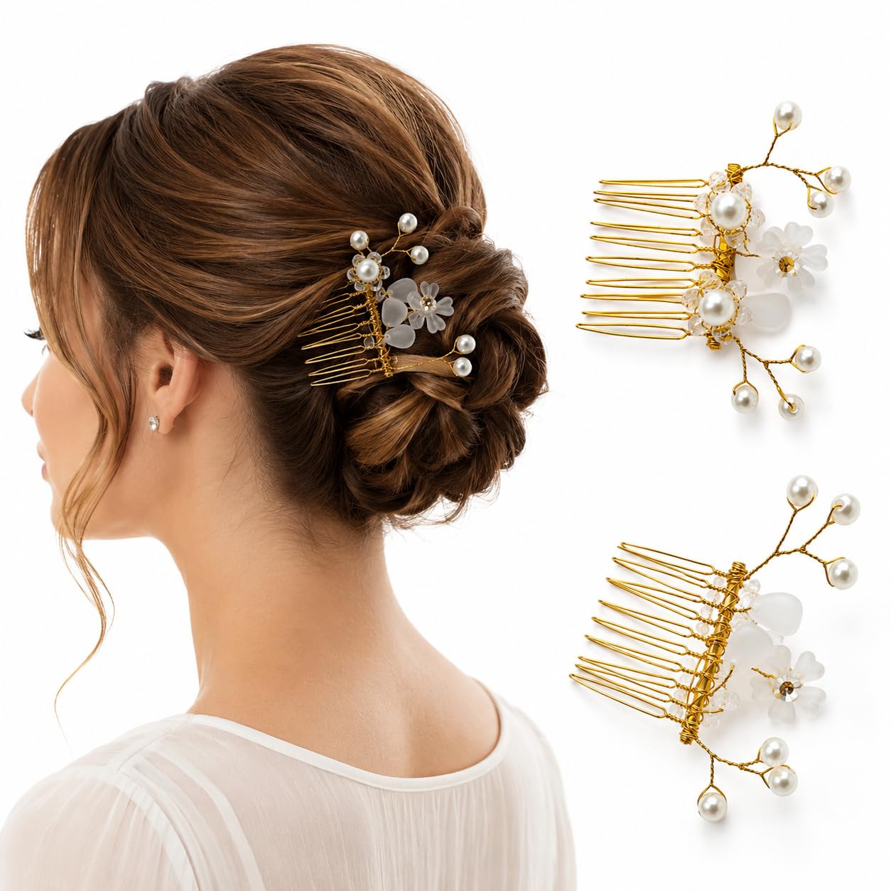 White Floral Pearl Bridal Hair Comb for Women, Gold Tone Handmade Wedding Hair Accessory with Crystal Beads, Elegant Hair Piece for Bride, Engagement-image-28