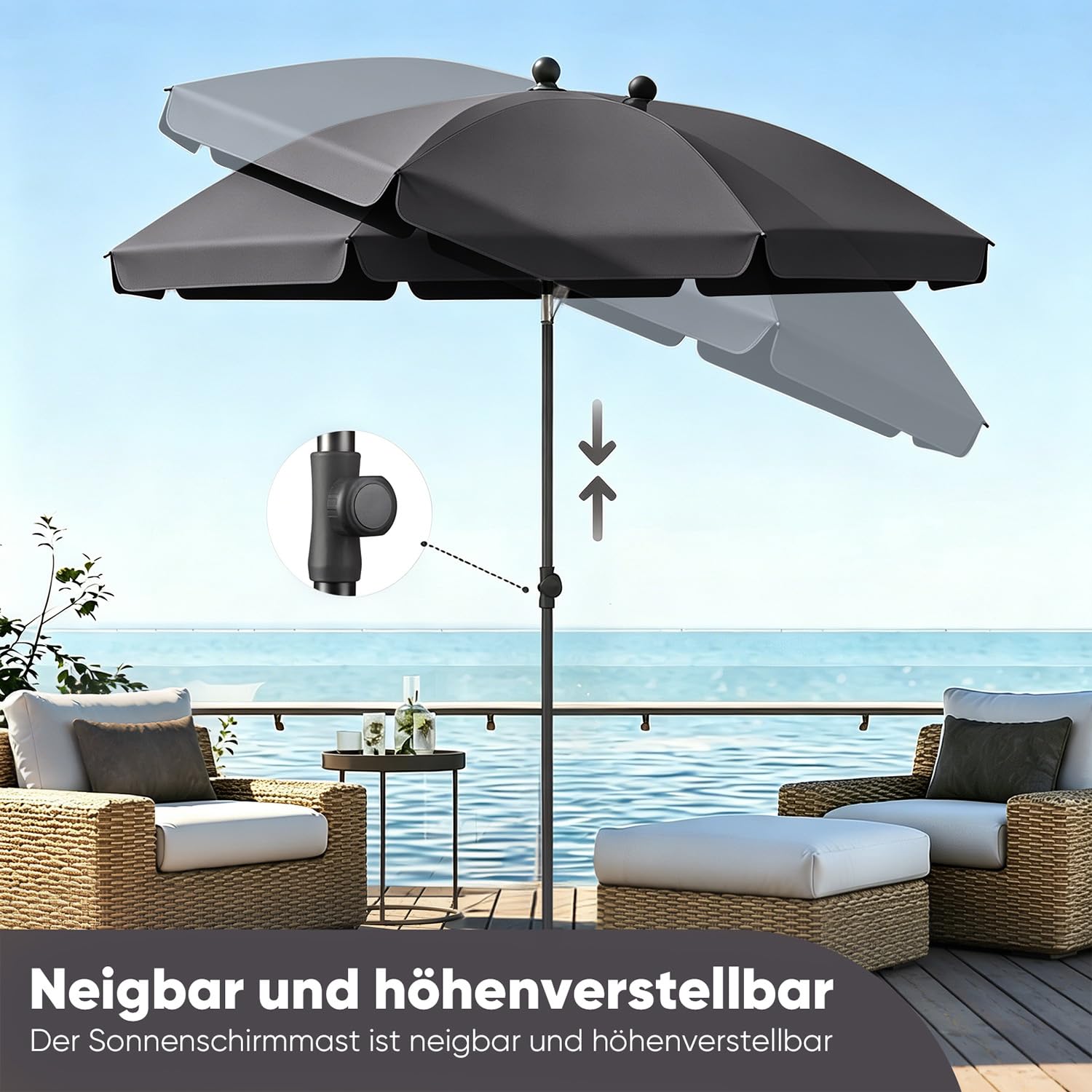 Sekey Sonnenschirm Balkon 200cm mit Schutzhülle Sonnenschirm Strand für Balkon Garten & Terrasse Neigungswinkel und Höhe verstellbar UV-Schutz bis UPF 50+ Sonnenschutz