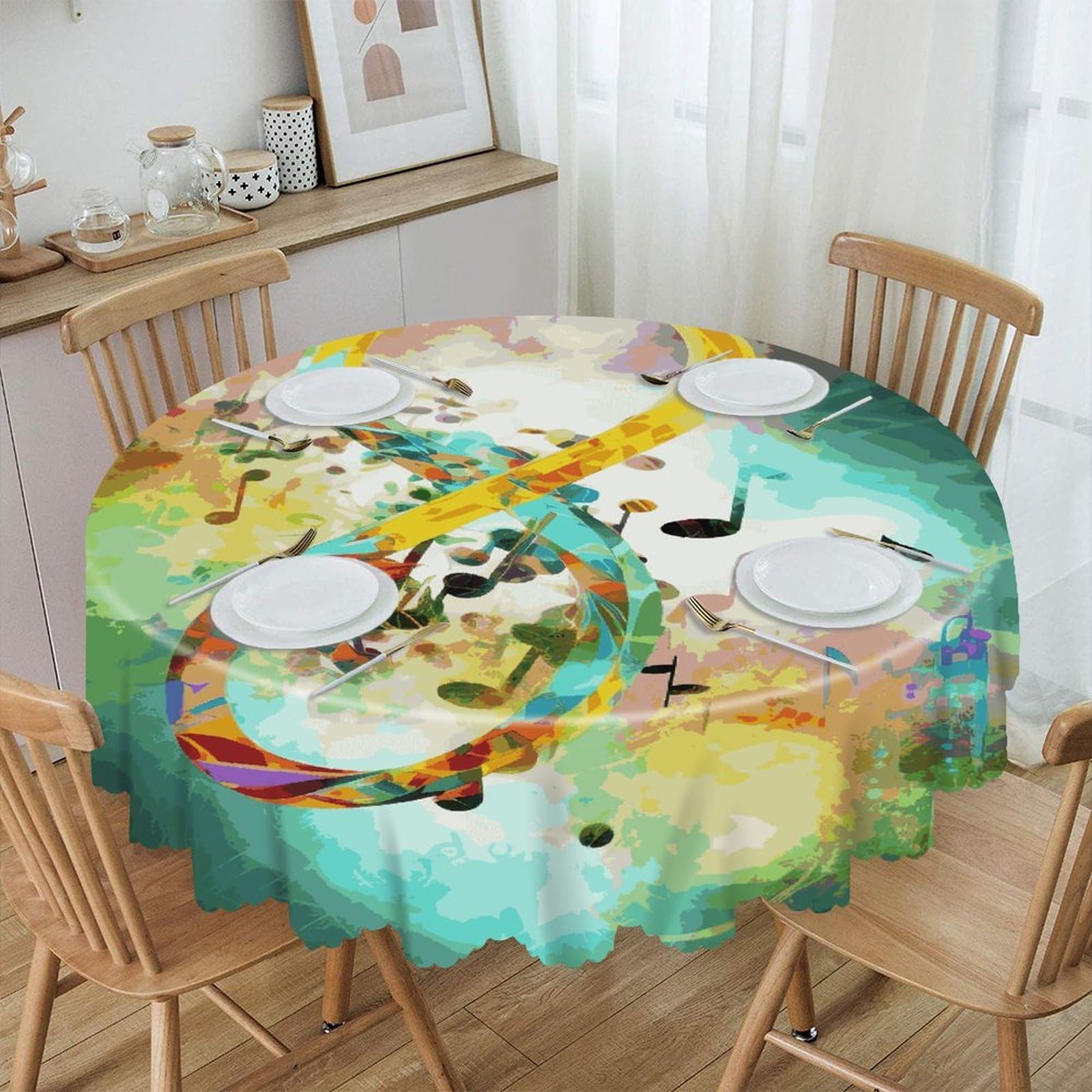 VstaDank - Abstract Music Symbol Round Tablecloth 60 Inch Easy Clean Round Thick Decorative Polyester Tablecloth for Dining Kitchen Party Farmhouse Outdoor