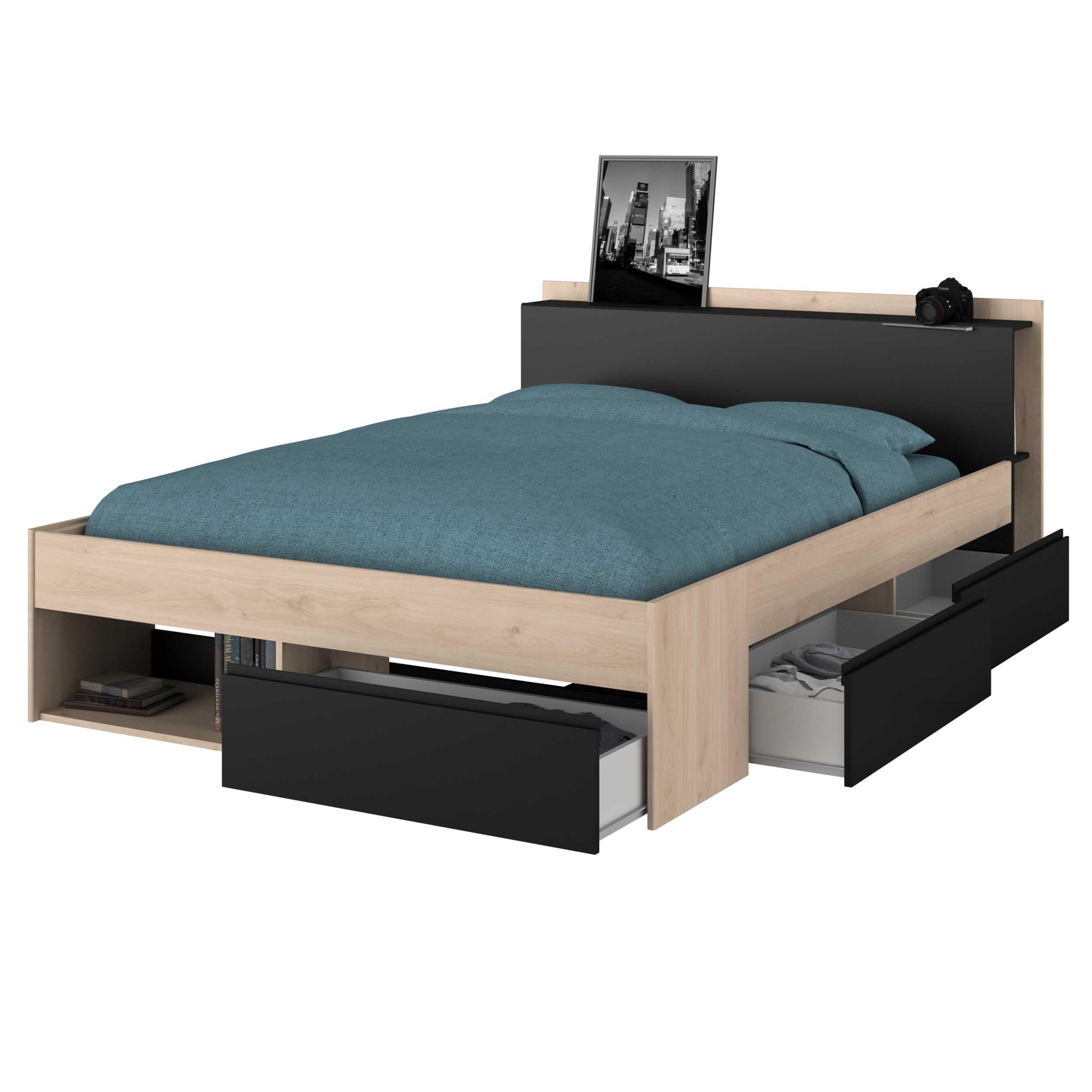 Parisot 1630-L240 Bett mit Regalüberbau und Schubladen, 140x200 cm – Eiche Jackson mit schwarzen Absetzungen