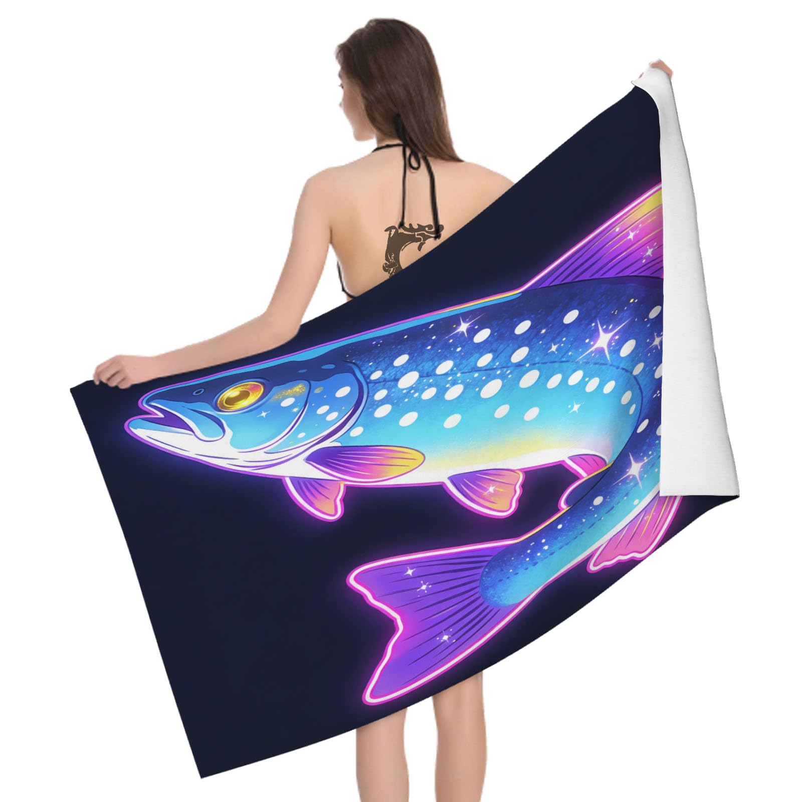 Leichong 3D Cartoon Trout Beach Towel Large Microfiber Soft Quick Dry for Adults, Color Gradient Bath Towel Lightweight Soft Absorbent for Travel Swimming Pool Sports, 80 x 160 cm