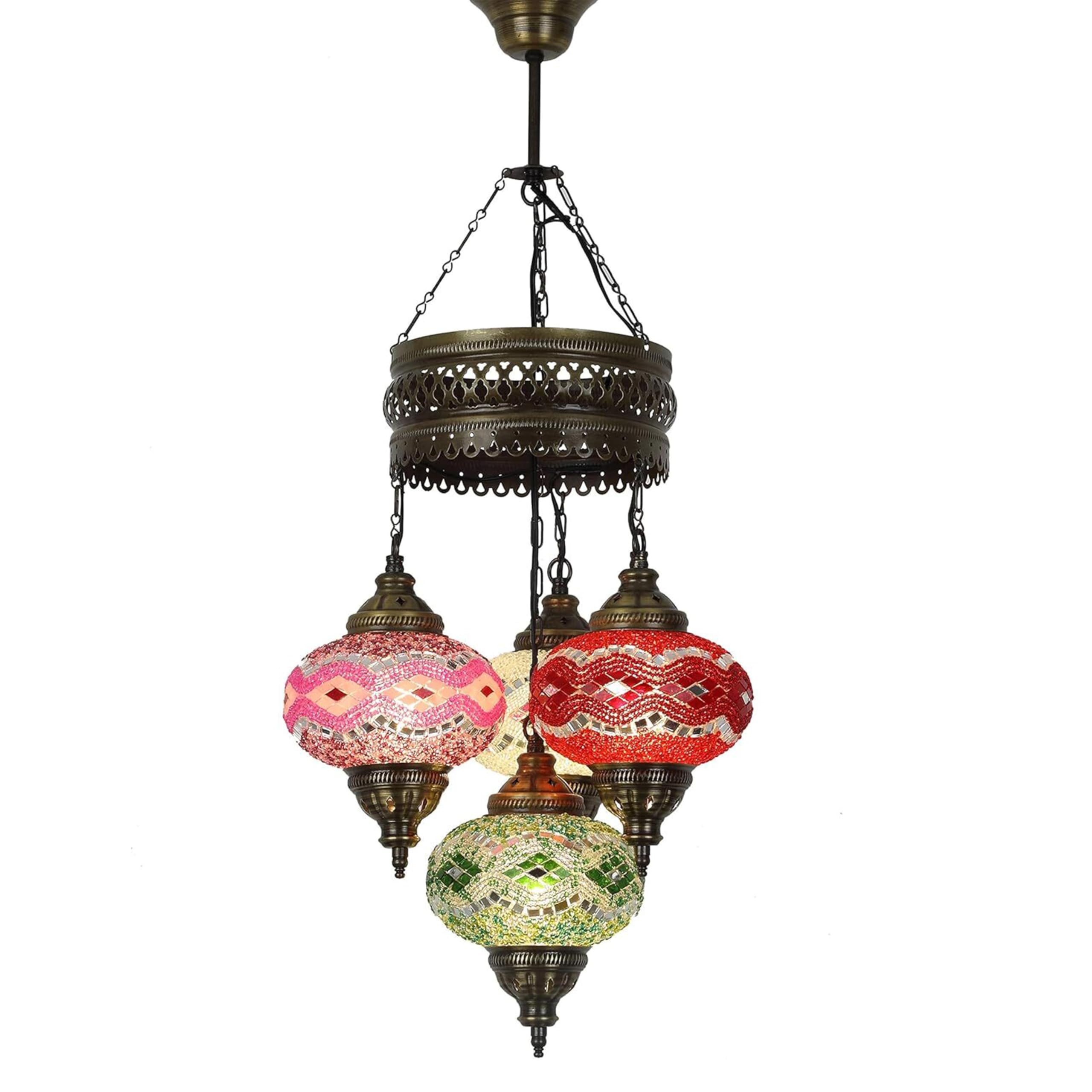 LaModaHome Authentic Tiffany Chandelier - Customizable Turkish Sultan Mosaic Lamp with 4 Globes for Living Room, Bedroom, Ceiling Lighting, Stained