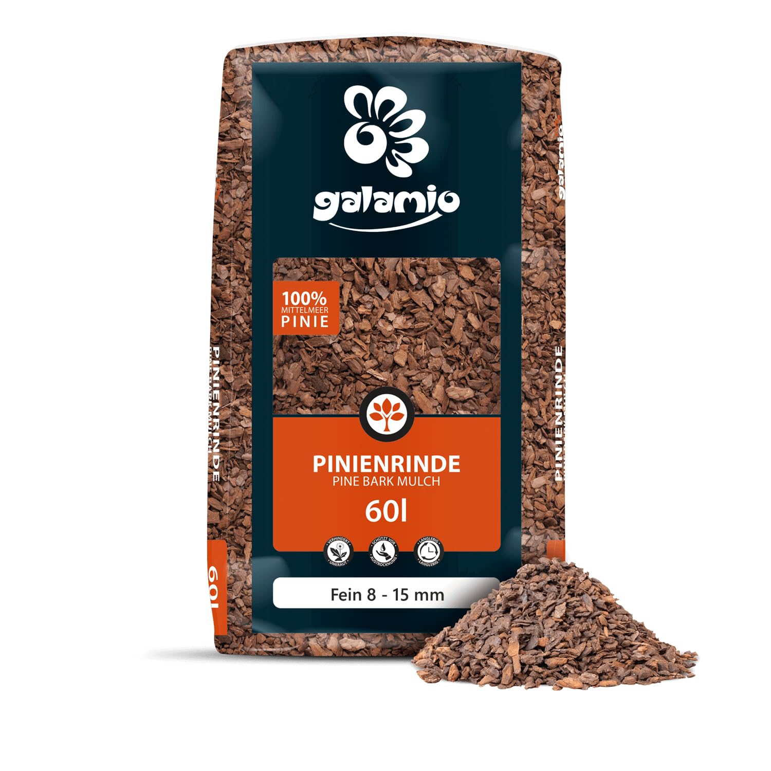 GALAMIO Pinienrinde Fein 8-15mm 60l Sack 1 Paket Pinienmulch Pinienerde Rindenmulch Pinienborke Pinie Mulch Bark Rinde Für Pflanzen Garten Terrarium Dekorativer Bodenbelag