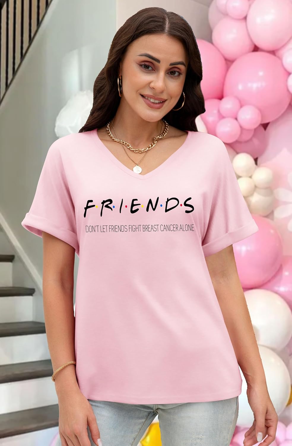 Ithalt Breast Cancer Shirt Women Pink Ribbon Shirts Breast Cancer Awareness Tee Cancer Survivor V Neck Tshirts