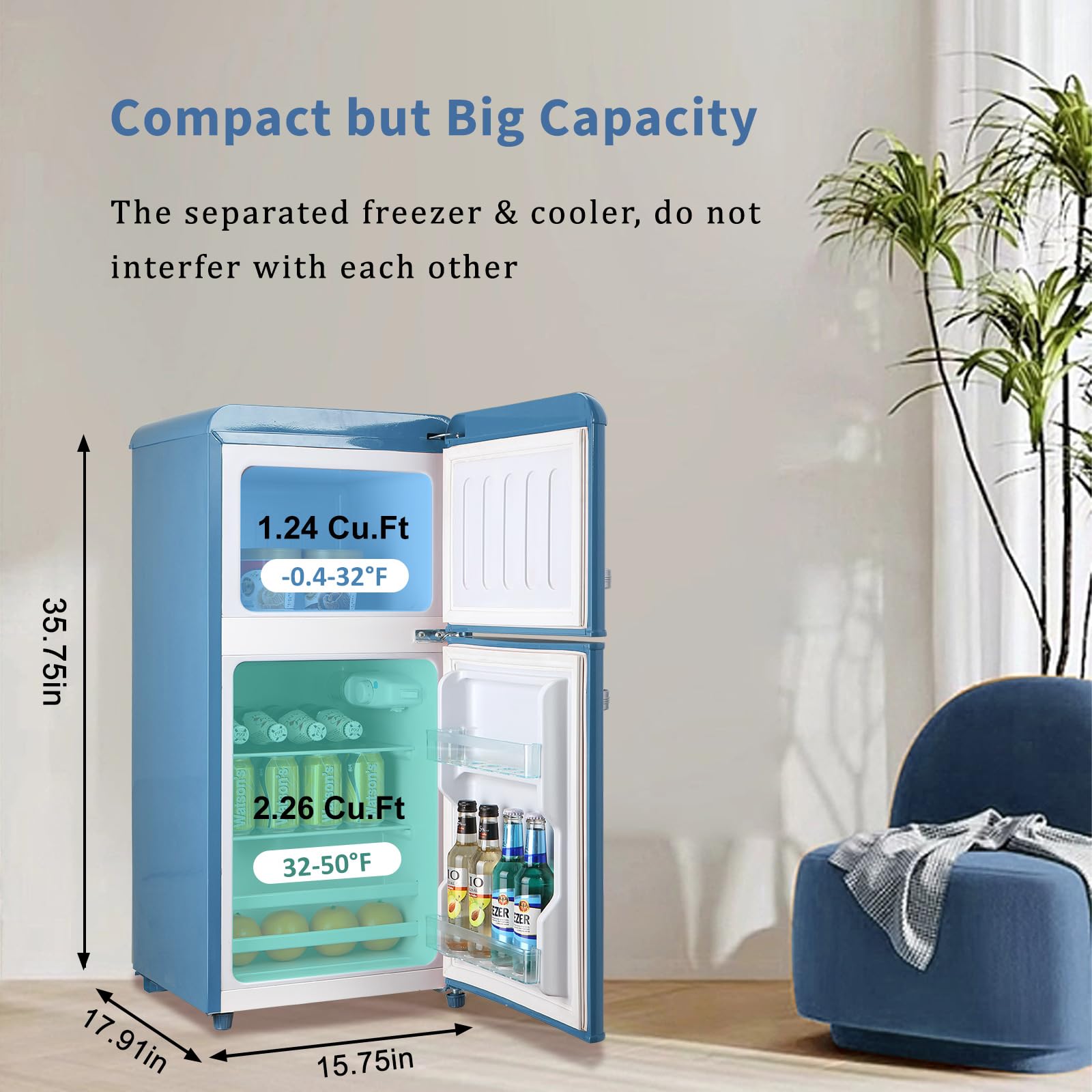 AXUTL Retro Mini Fridge Refrigerator with Freezer Bedroom Dorm Blue 3.5 Cu.ft Compact Small for RV Apartment 2-Door Design on Fridge.com