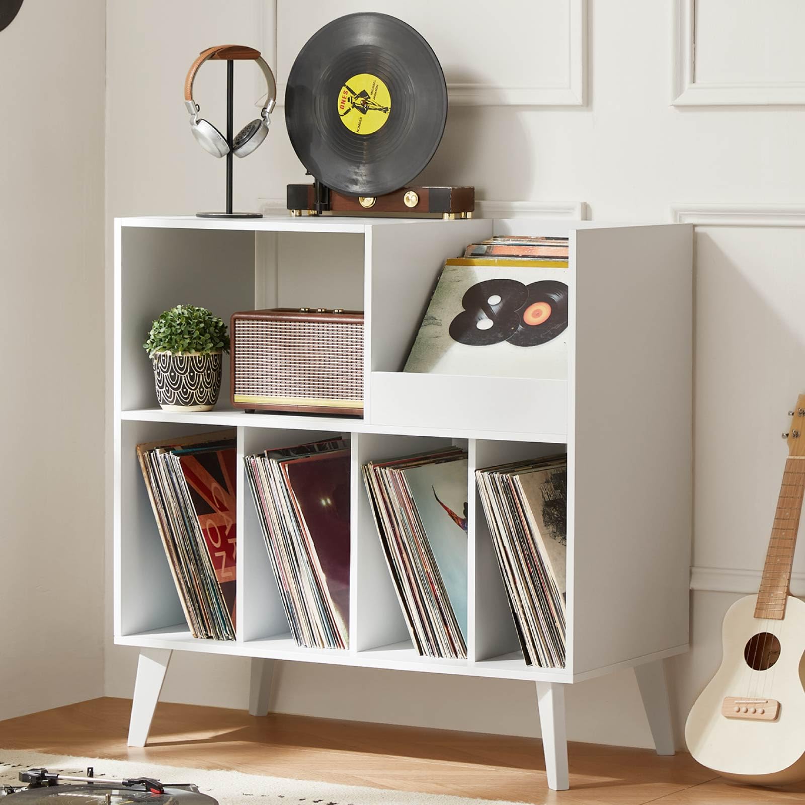 LELELINKY Large Record Player Stand, Turntable Stand with Storage, Vinyl Record Holder with Display Area, Record Player Table Holds Up to 300 Albums, Record Stand for Music Room Living Room-White