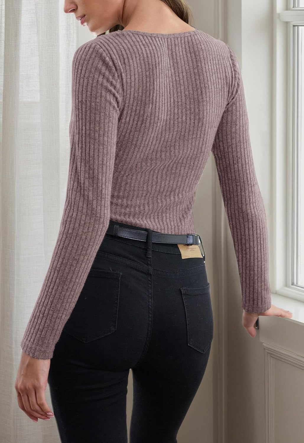 IWD Womens Cowl Neck Tops Long Sleeve Ribbed Lightweight Knit Shirts Slim Fit Fall Clothes (Purplish Pink, Small) - Image 5