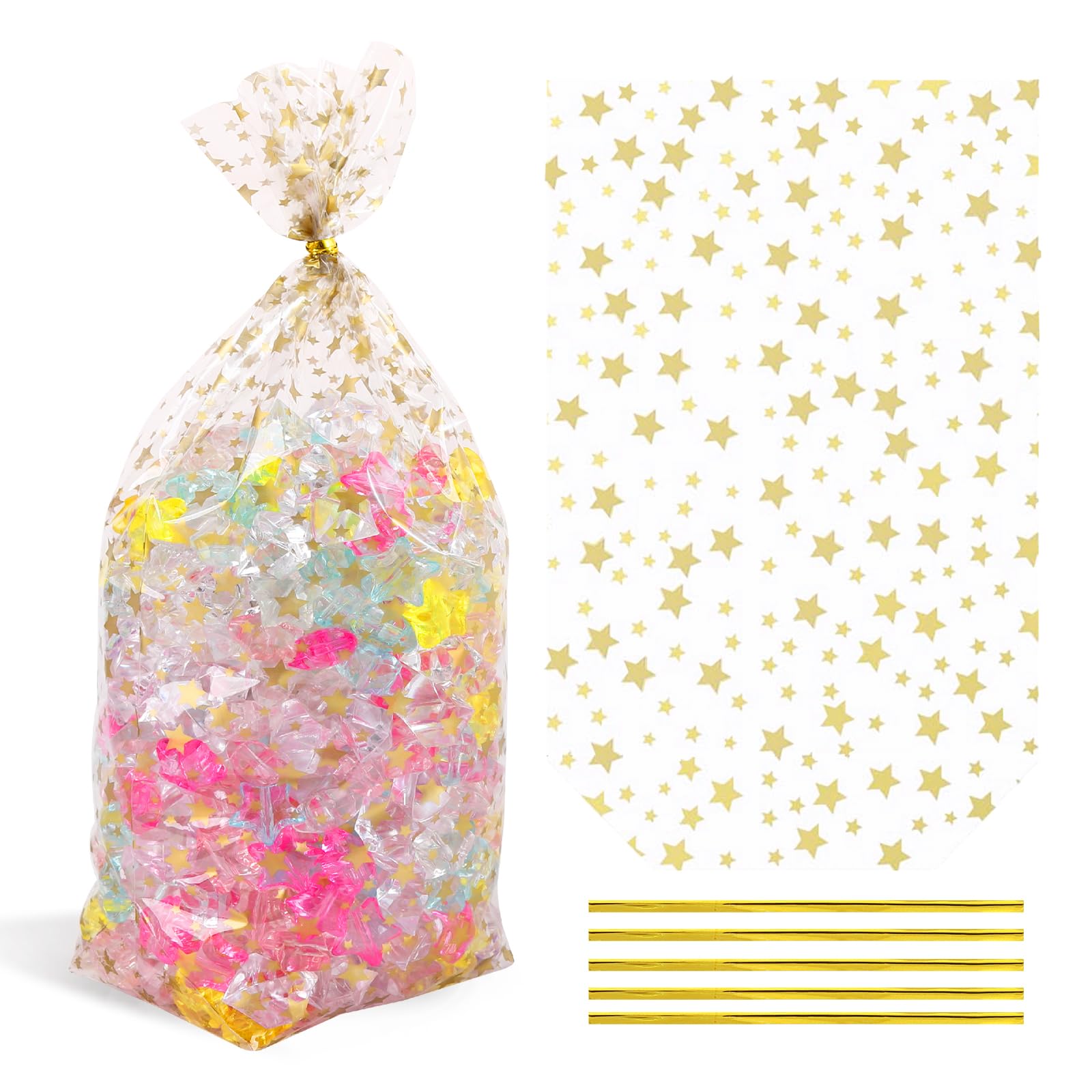 SOMIOCO Flat Bottom Gusset Cellophane Bags 8X 10 IN 50 PCS Gold Star Clear Cellophane Gift Treat Goodie Bags for Party Favors Packaging Candy Cookies