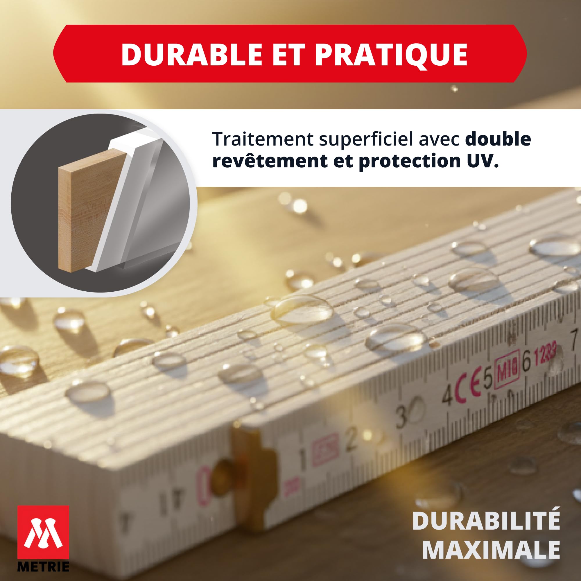 Metrie™ BLOCK 52 Mètre pliant – Mètre en bois 2 m | Blanc – Graduation duplex, Fabriqué dans l’UE | Robuste et précis | pour Artisans et Bricoleurs | 10 pièces