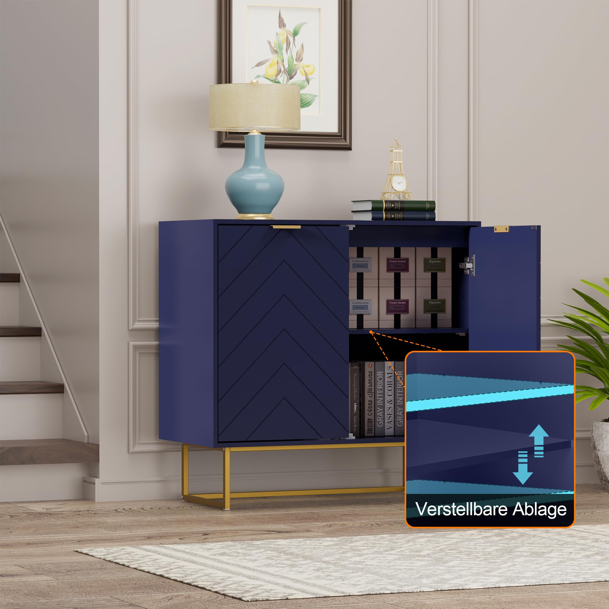 UEV Kommode mit 2 Türen, Sideboard mit Füße und verstellbare Ablagen, Küchenschrank, Anrichte, Mehrzweckschrank für Wohnzimmer Esszimmer Flur Schlafzimmer, 80x40x77,5 cm Blau Küche, Haushalt & Wohnen