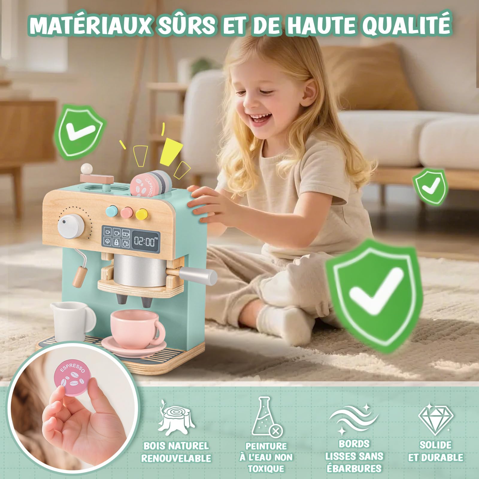 YOOHBERRYS Cafetière en Bois, 22 Pièces Machine à Café en Bois pour Enfants, Jouets de Jeu de Rôle Barista avec Moulin, Accessoire Jeux de Cuisine Service à Café Enfant 3+ Ans