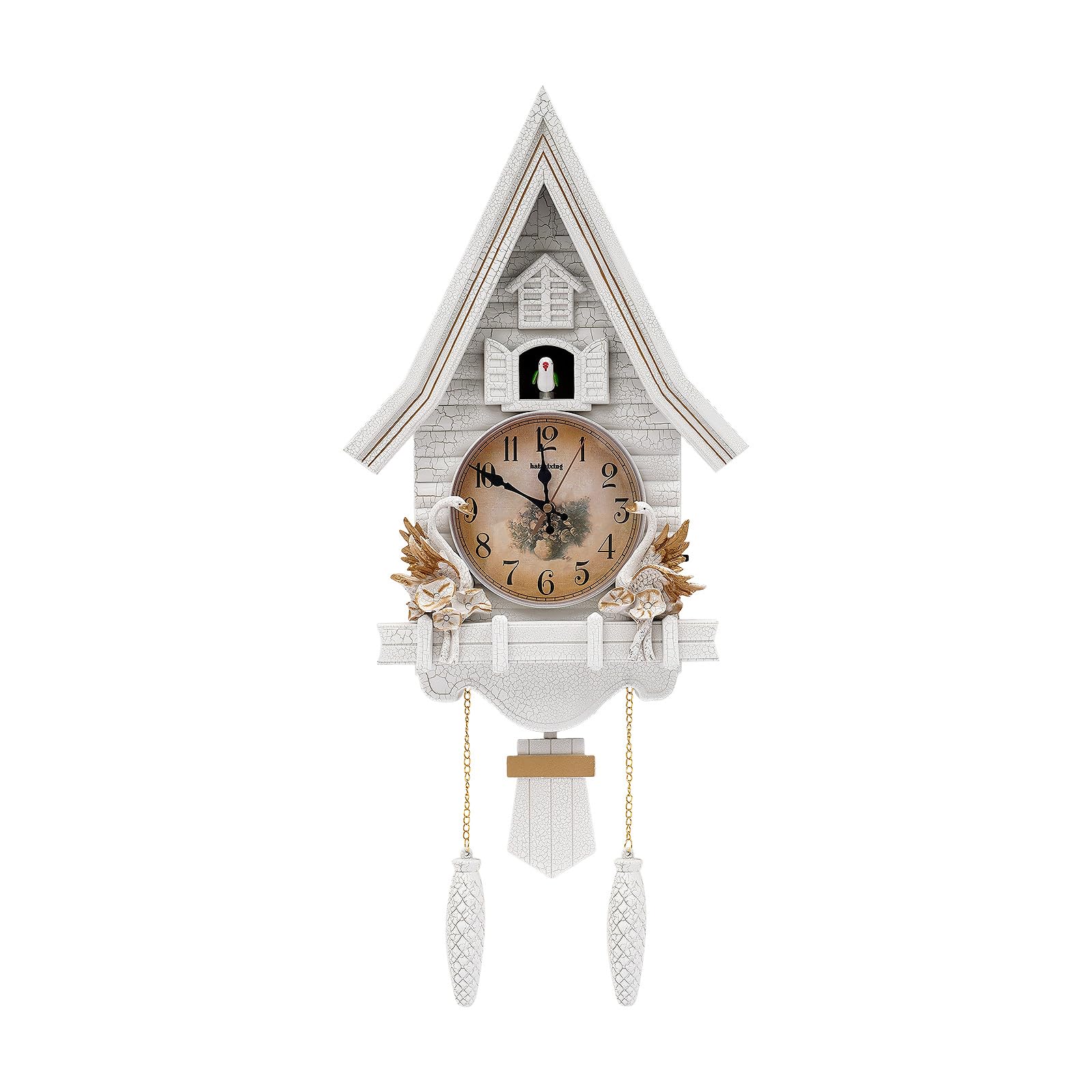 Horloge à coucou moderne - Horloge à coucou - Blanc - Forme de maison - Horloge murale à piles - Avec commande du volume - Mode nuit - Mouvement silencieux pour salon chambre bureau 32,5 x 11 x 69 cm