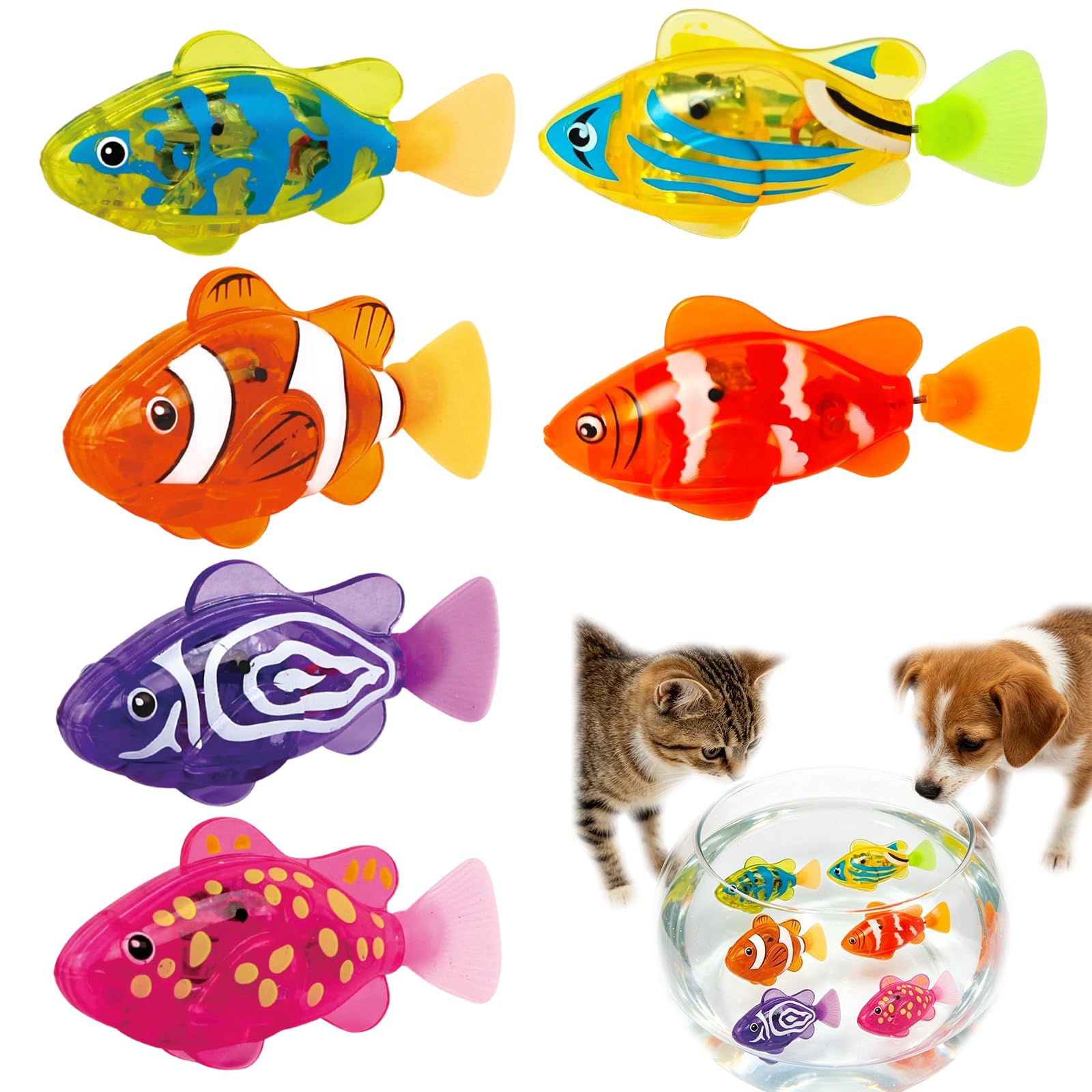 BIZOI 6 Pcs Electronic Pet Fish, Interactive Robotic Fishes, Sensors Activated Swimming Fish Bath Toy, Water Activated Glowing Swimming Fish Toys for Pet Play and Bath Time Entertainment