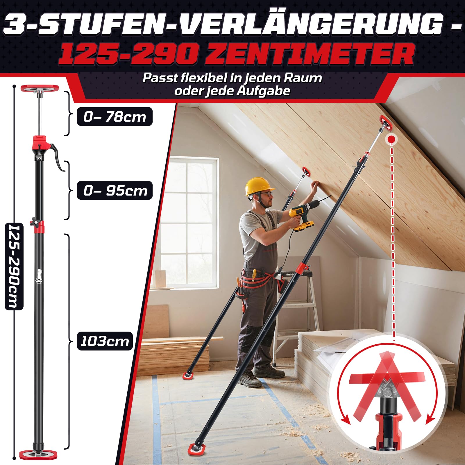 XINQIAO Montagestütze für die Schrankmontage, Schwerlast-Deckenstütze mit Verstellbarer Teleskopstange von 125 cm bis 290 cm, 4 Stück