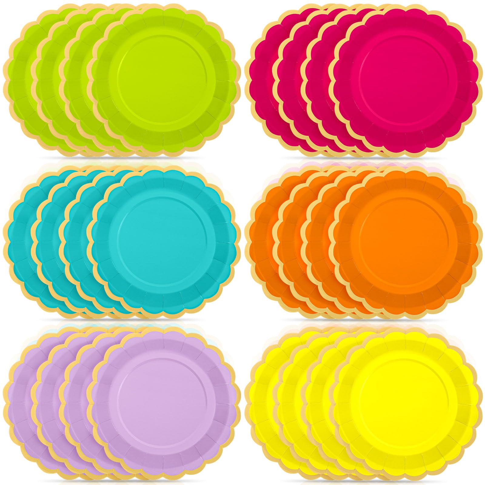 48 Pcs Neon Colorful Paper Plates 9 Inch Scalloped