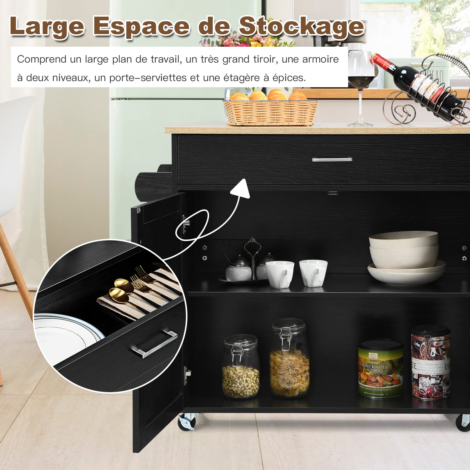 GOPLUS Desserte à roulettes avec Plan de Travail en Bois, 116x40x85CM, Desserte Cuisine avec Armoire à Étagère 2 Niveaux Réglables et Tiroir, Chariot de Service avec Porte-Serviettes Latéral, Cuisine