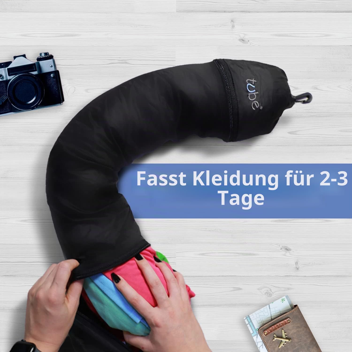 Schlauchförmiges Reisekissen – Handgepäck – Füllen Sie Ihre Kleidung in diesem Nackenkissen und sparen Sie das Handgepäck, schwarz, Schlauch