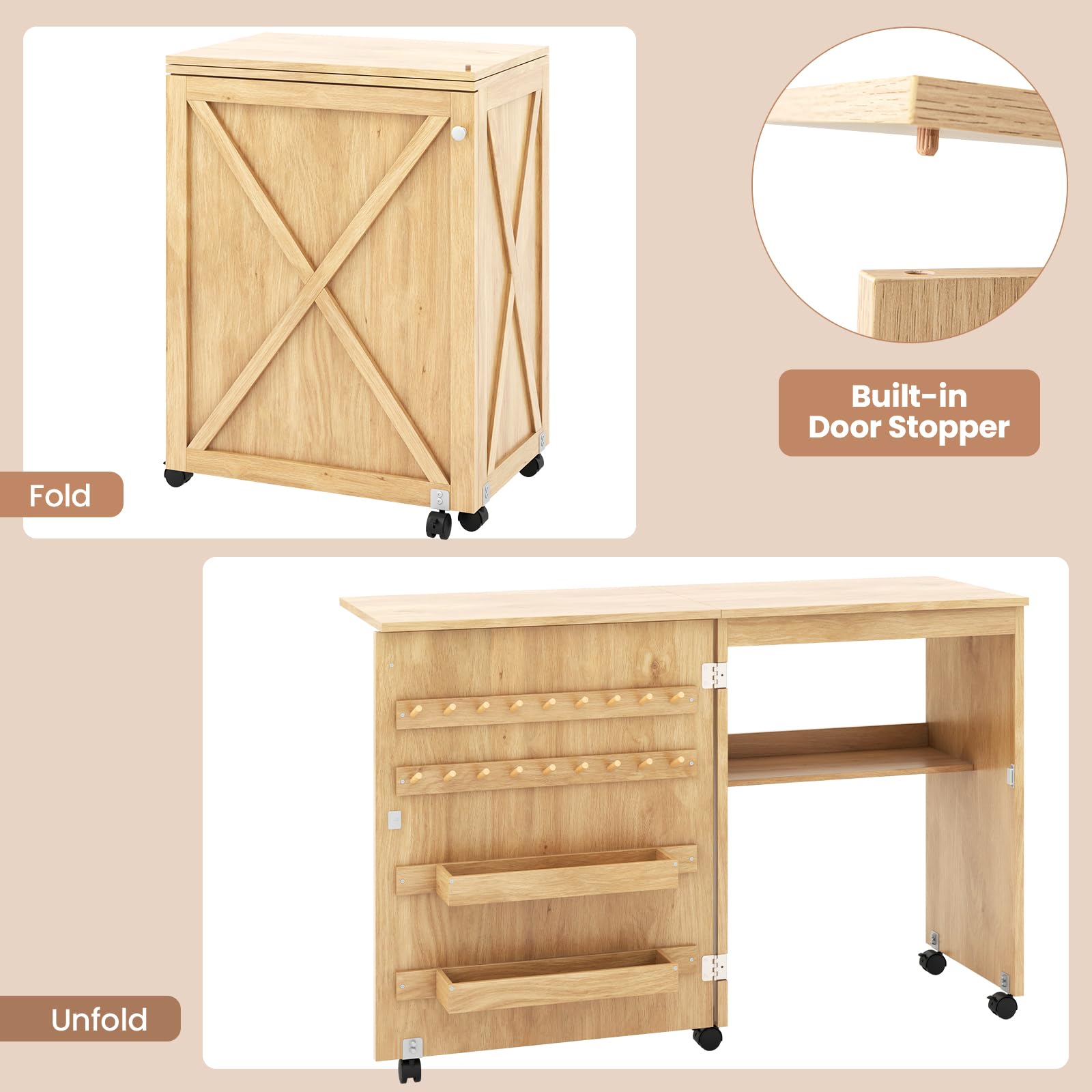 GIANTEX Table de Couture Pliante, Meuble Machine à Coudre Pliable avec 5 roulettes Verrouillables, 18 Crochets, 2 Plateaux, 1 Étagère, Bureau de Couture pour Salon, Studio (Naturel, 116 x 40 x 78 cm)