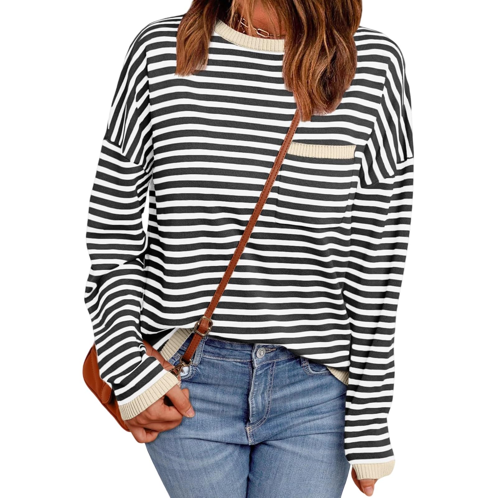 Womens Striped Soft Knit Pullover Sweater Long Sleeve Loose Fit Shirts Fall Outfits with Chest Pocket