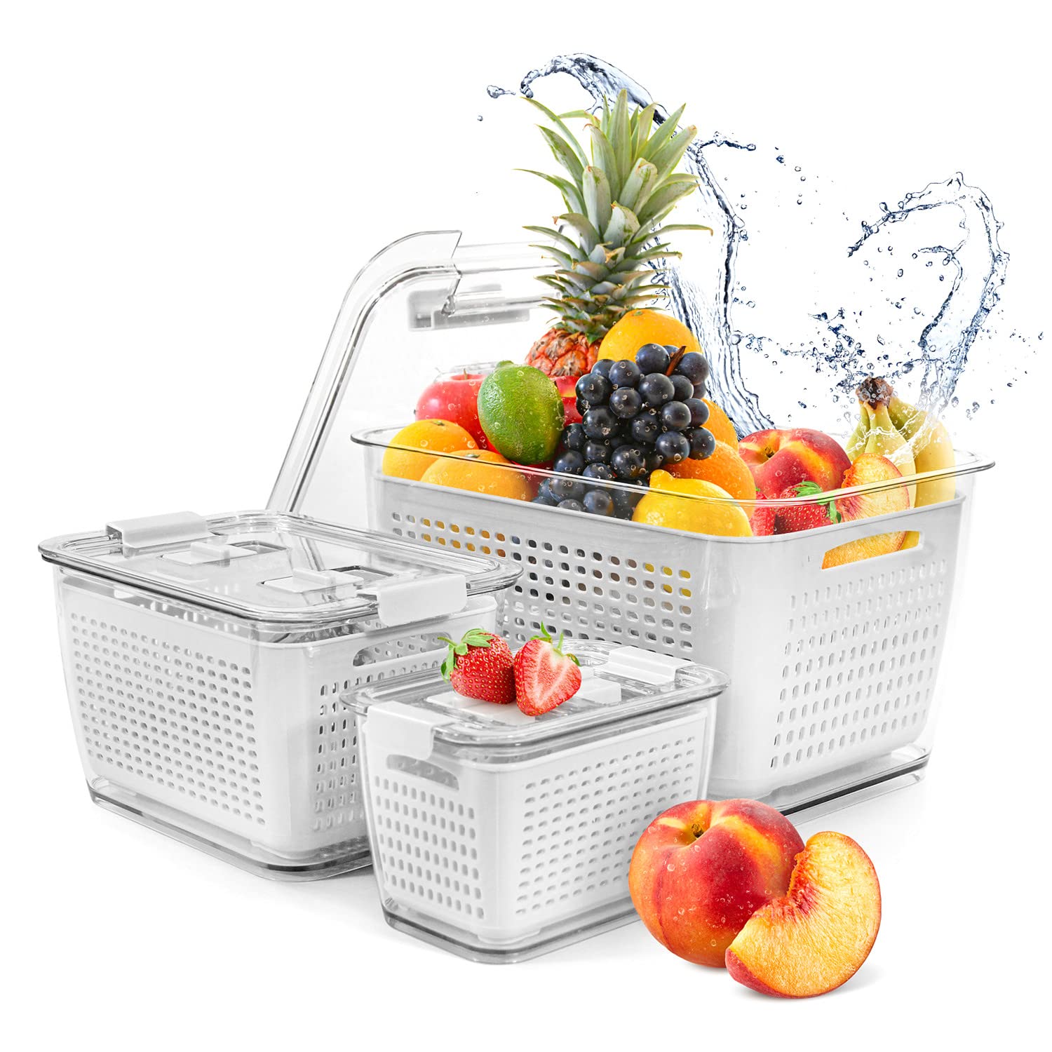 Spesh Frischhaltedosen Set Kühlschrank Organizer Wiederverwendbar Vorratsdosen 3er-Set (0,5L+1,7L+4,5L) Kunststoff Kühlschrank Organizer Set mit Deckel und Abtropfsieb (Weiß,3er Set)