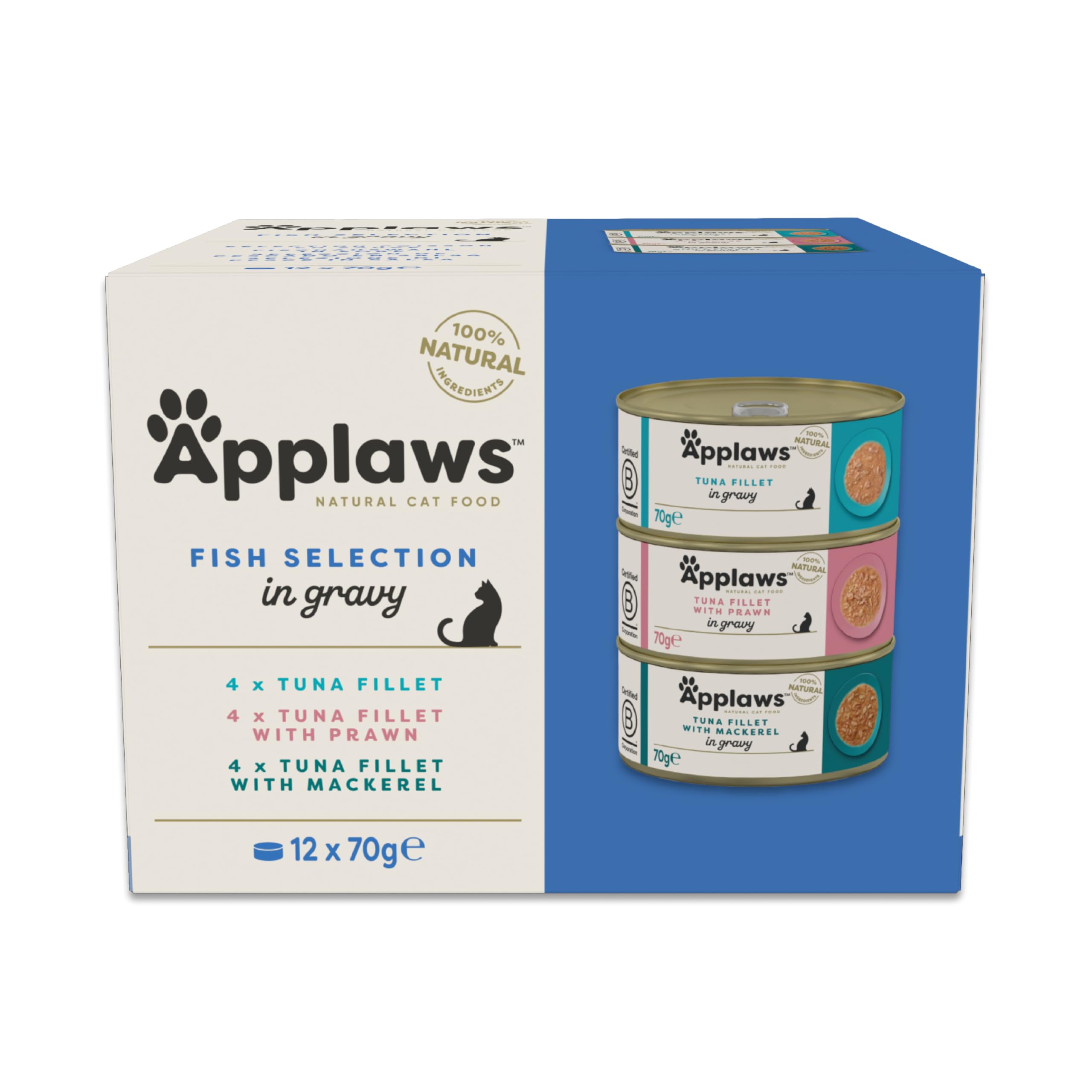 Applaws Natural Wet Cat Food in Gravy, Grain Free Fish Selection Multipack in Gravy in 70g Tins (12x70g cans)