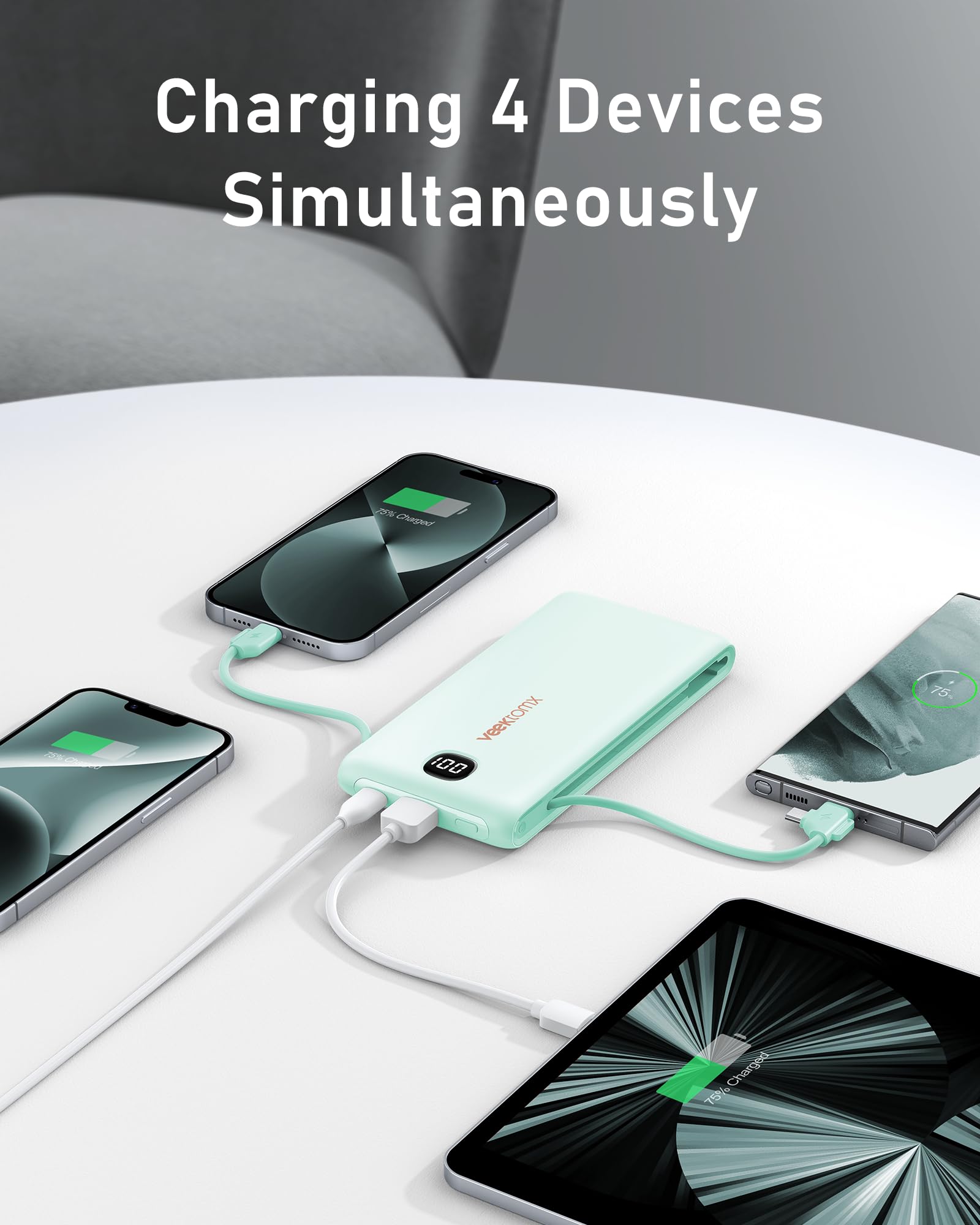VEEKTOMX 10000mAh Portable Charger with Built-in Cables & Wall Plug view 3