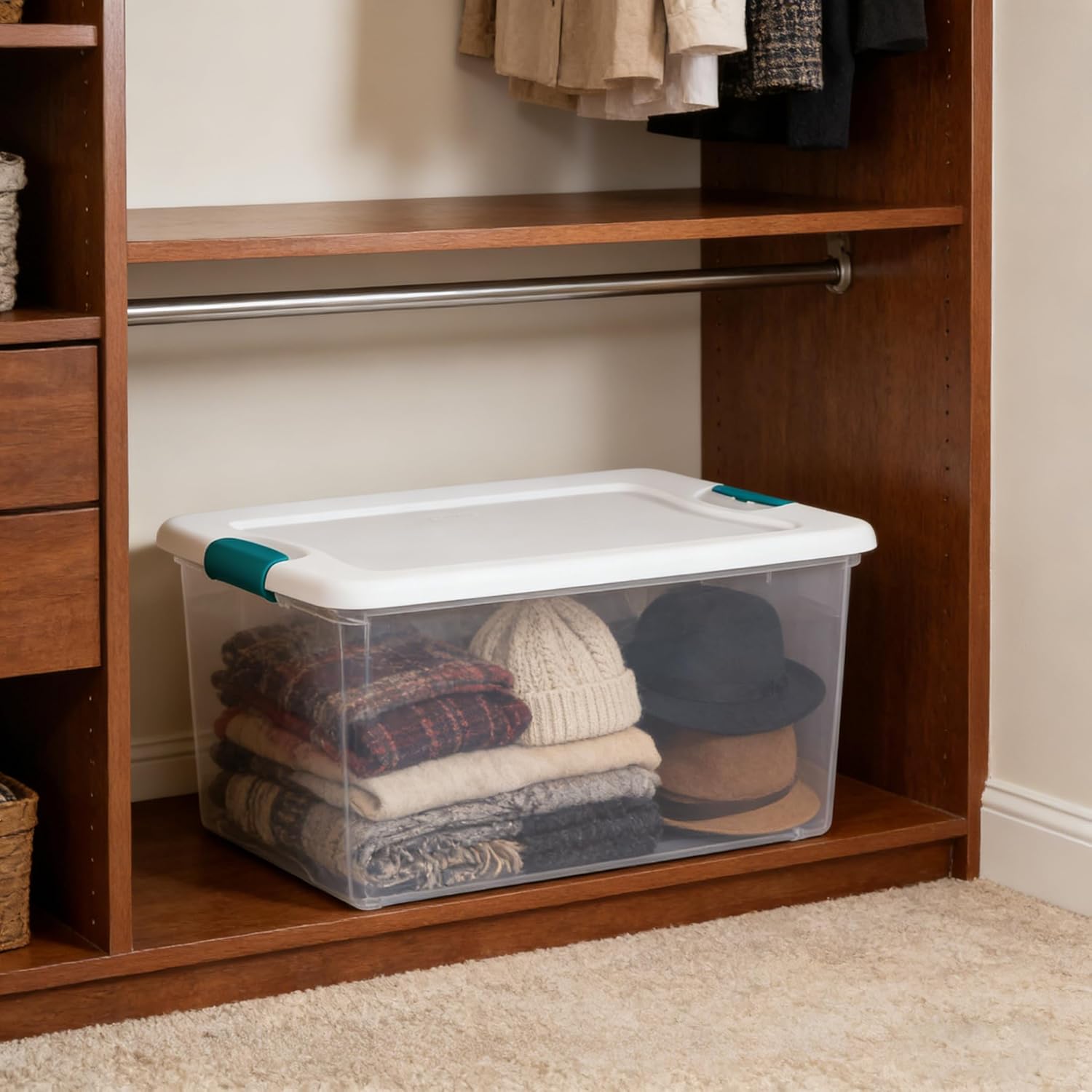 6-Pack 64 Quart Latching Storage Bins with White Lids - Clear Plastic Durable Stackable Containers for Home Bedroom, Dorm & Living Room Organization