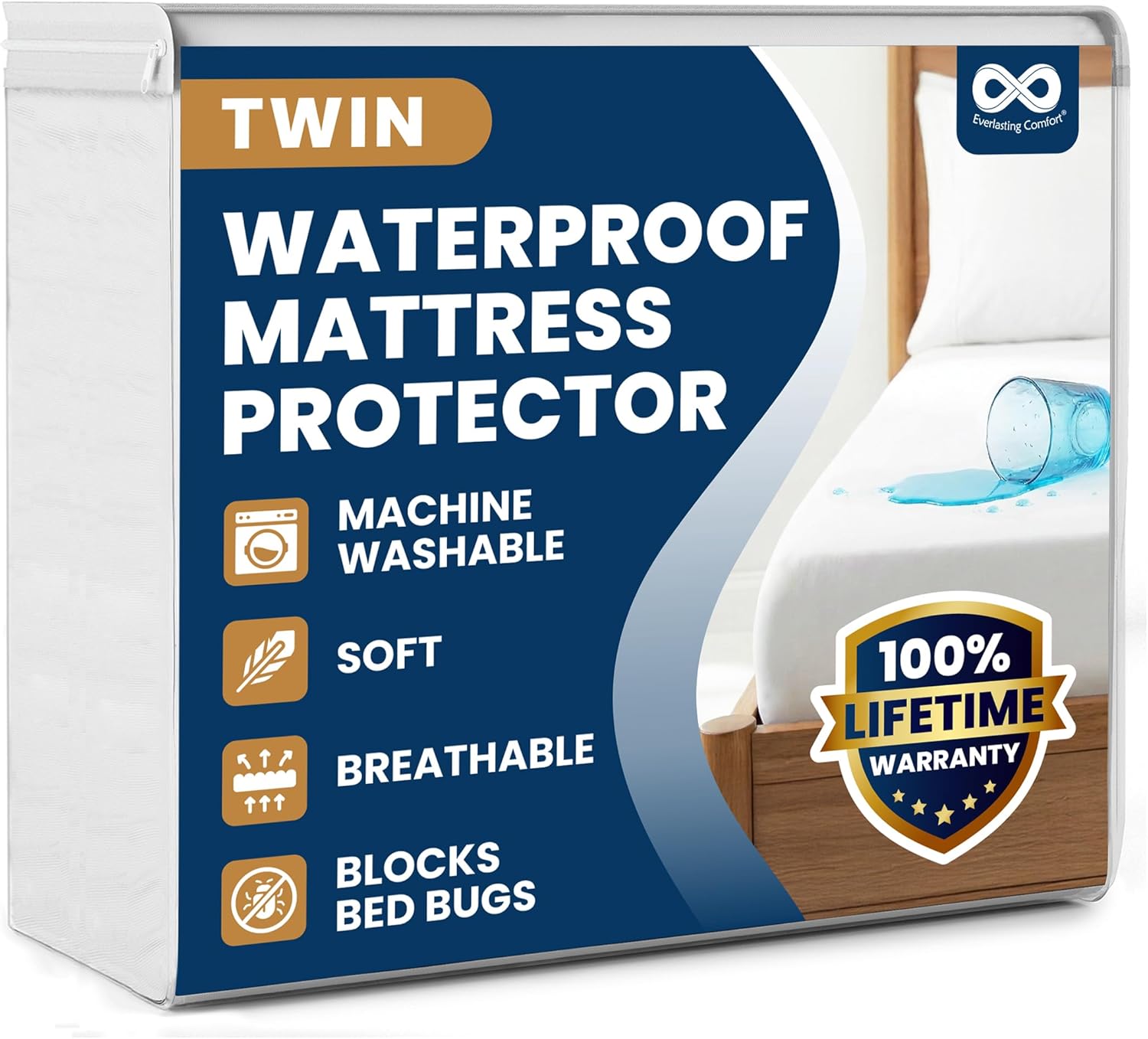 Everlasting Comfort Premium Twin Size Mattress Protector - Waterproof & Hypoallergenic, Noiseless Design, Washable Cover, 18" Deep Pocket, Bed Bug & Dust Mite Protection Cover for Sleep Hygiene