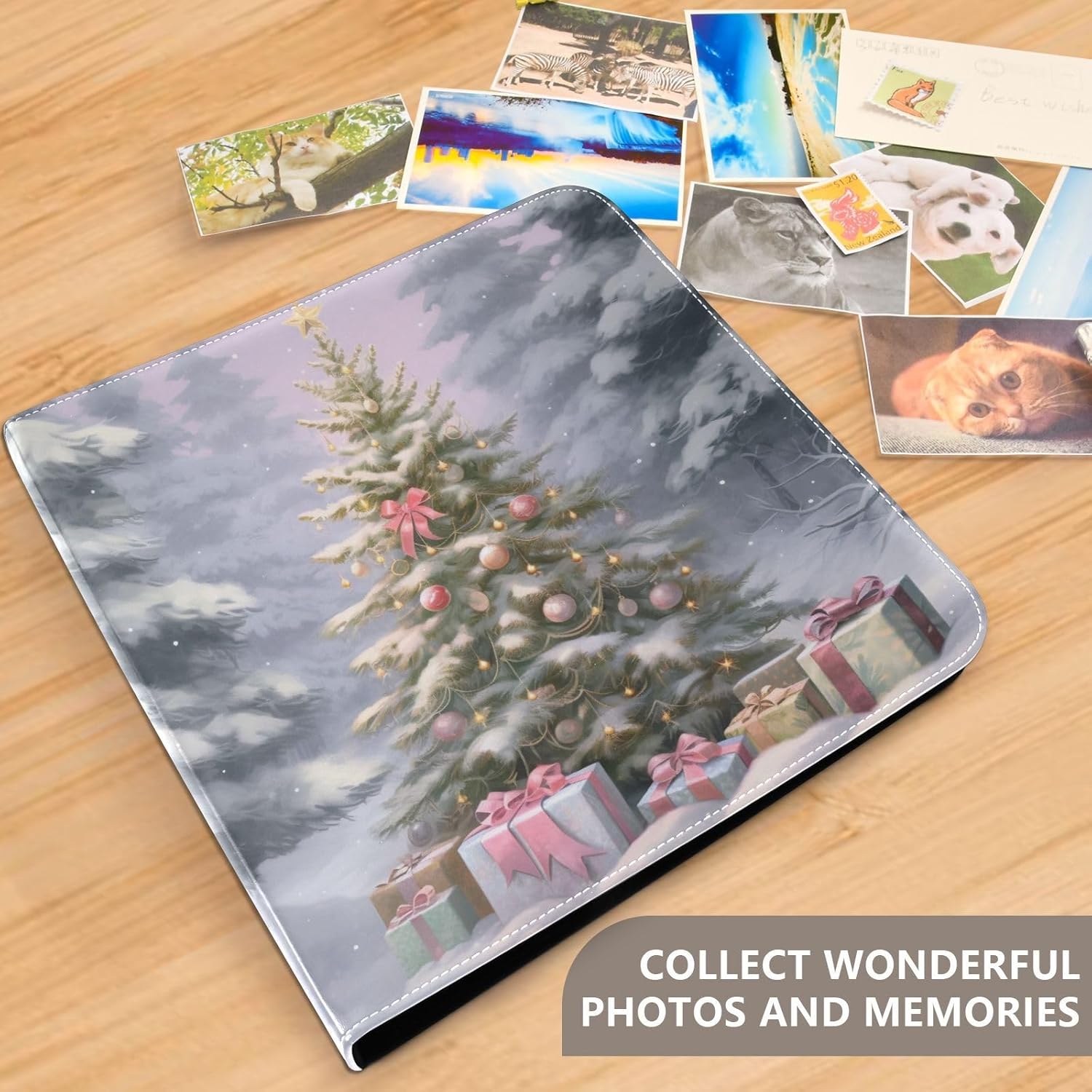 JIPONI Christmas Tree Snow Large Photo Album, DIY Leather Cover Scrapbook Albums for 4x6 5x7 6x8 Pictures, Self Adhesive Memory Book for Wedding, Baby, Family