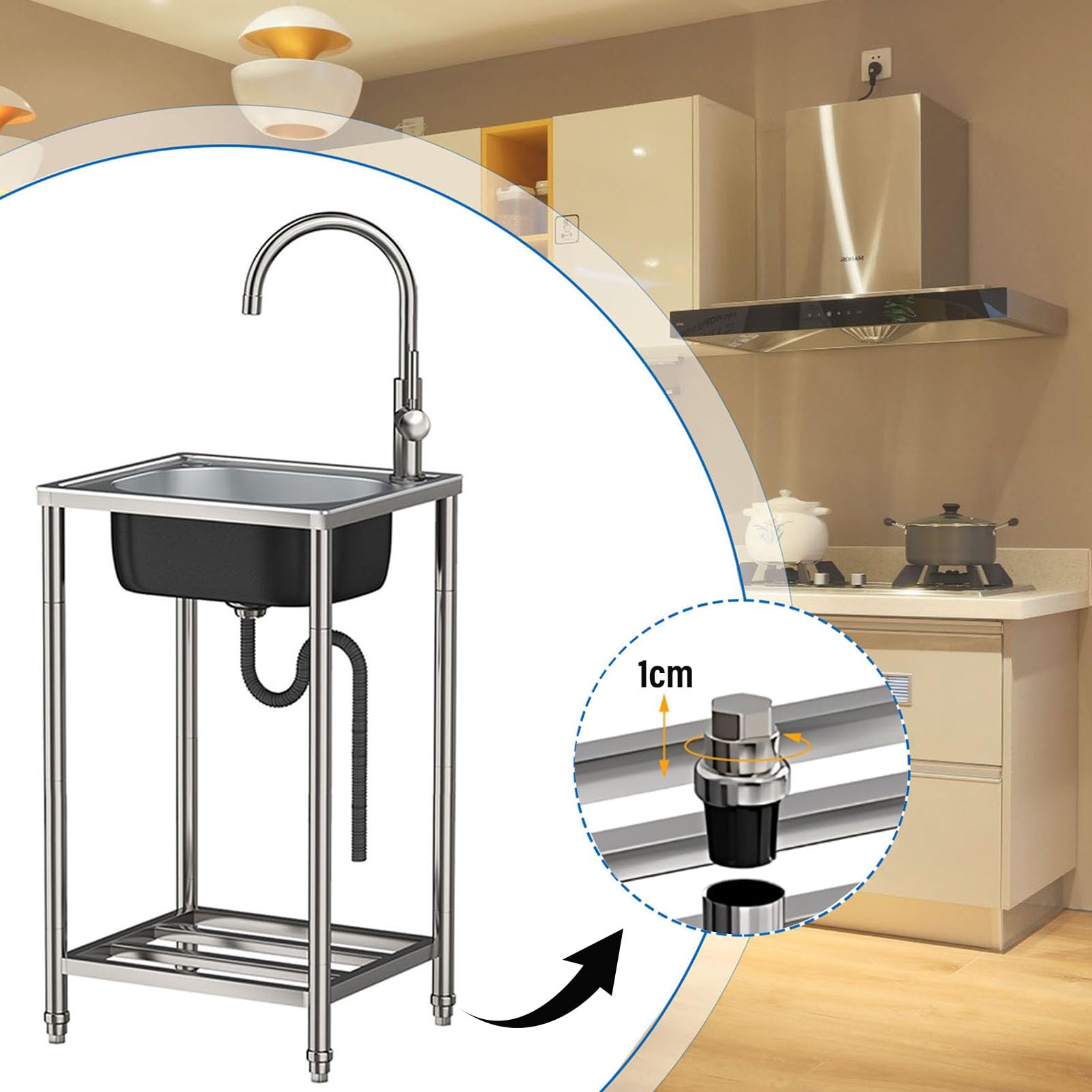 Evier inox Extérieur avec Robinet Chaud et Froid,Éviers De Cuisine Commercial 1 Bac Mobile Évier Sur Pieds Lavabo de Jardin Portable Multifonctionnel,pour Restaurant Garage