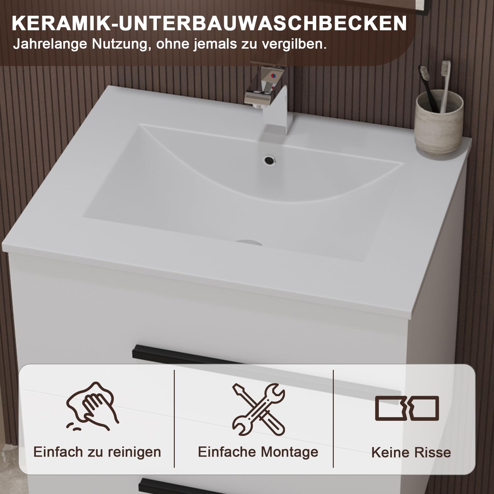 Waschbecken mit Unterschrank 60 cm breit, Waschbeckenunterschrank, Badmöbel Set für Gäste-WC, Hängender Waschtisch mit Keramikwaschbecken, Weiß Hochglanz Badmöbel mit 2 Soft-Close-Schubladen