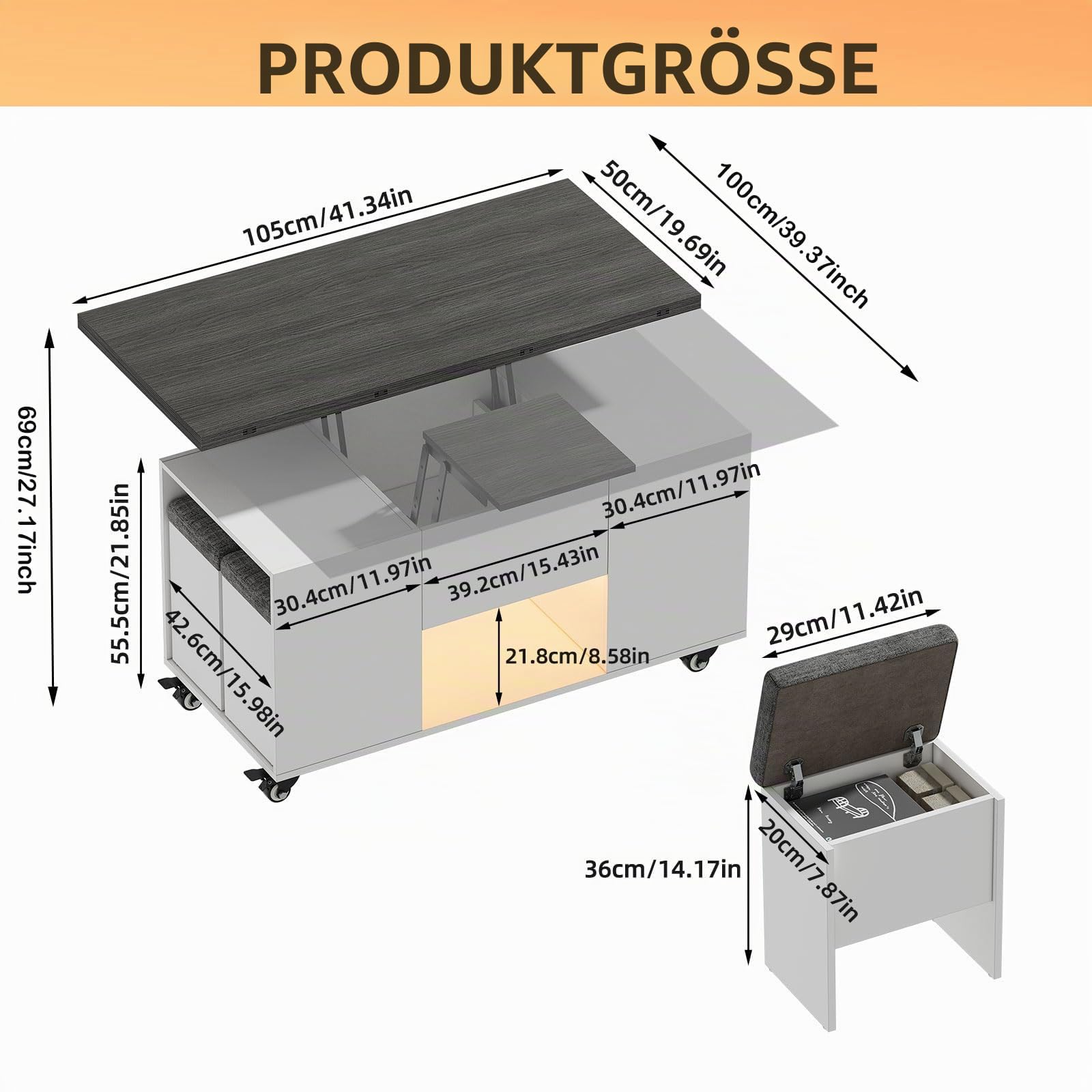 Couchtisch Umwandelbar in Wohnzimmer-Esstisch 4 in 1 Multifunktions-Wohnzimmertisch mit Stauraum & 4 Hockern Couchtisch Höhenverstellbar mit LED-Beleuchtung & Geräuscharmes Universalrad, Grau+Weiß