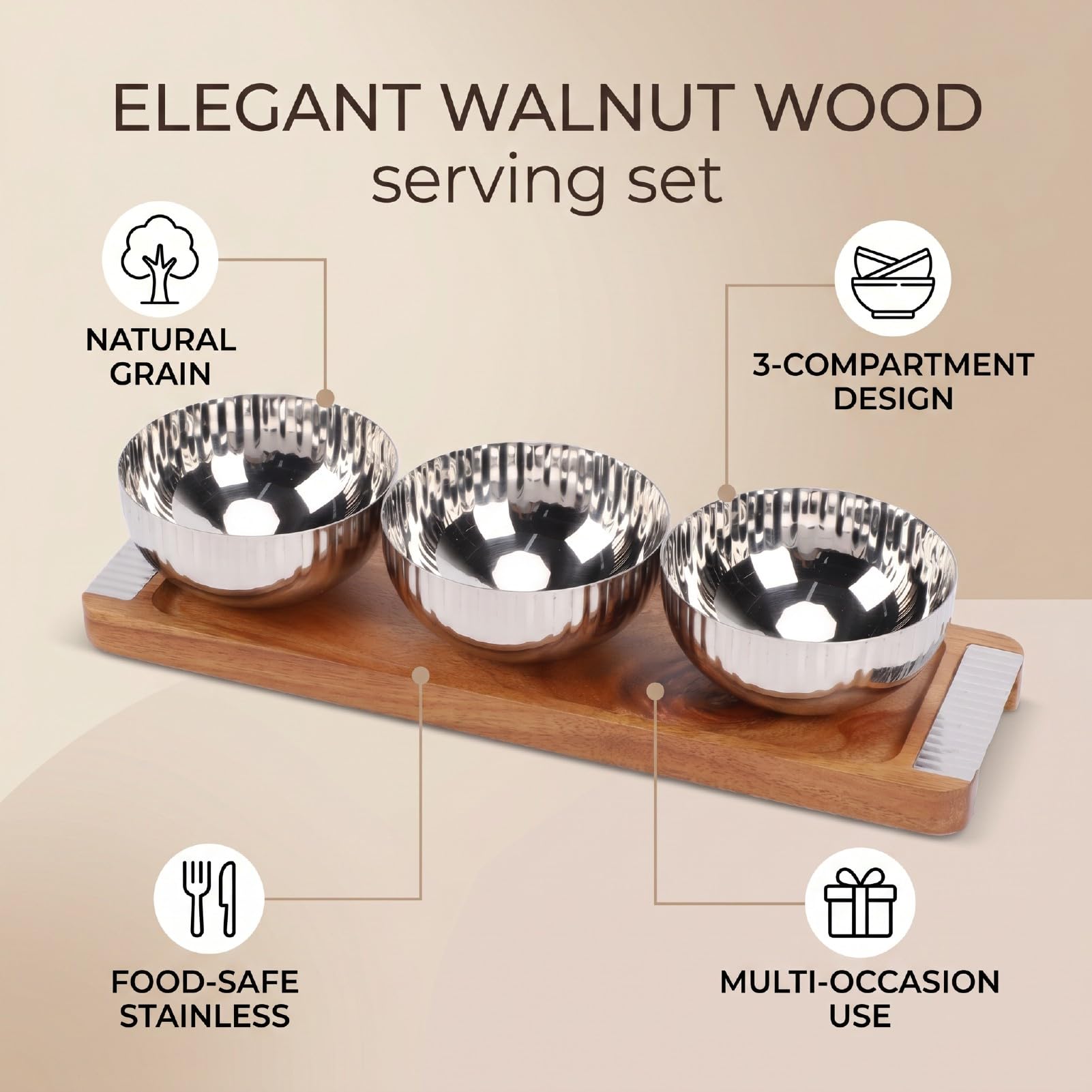 Plateau de Service en Noyer 3 Bols avec Inserts en INOX, pour