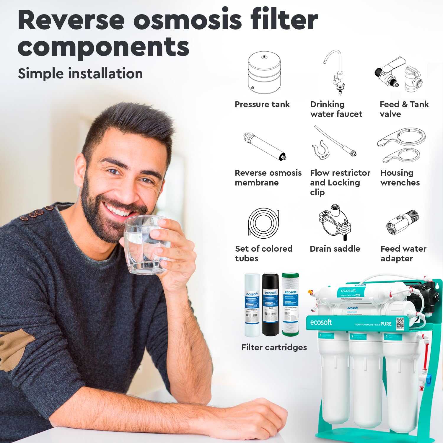 Ecosoft P'URE AquaCalcium - Filtro con Bomba Montado Sobre Estructura Metálica, Ósmosis Inversa Para el Hogar, Elimina el 99.8 % de los Contaminantes del Agua, Mineraliza el Agua Potable con Calcio