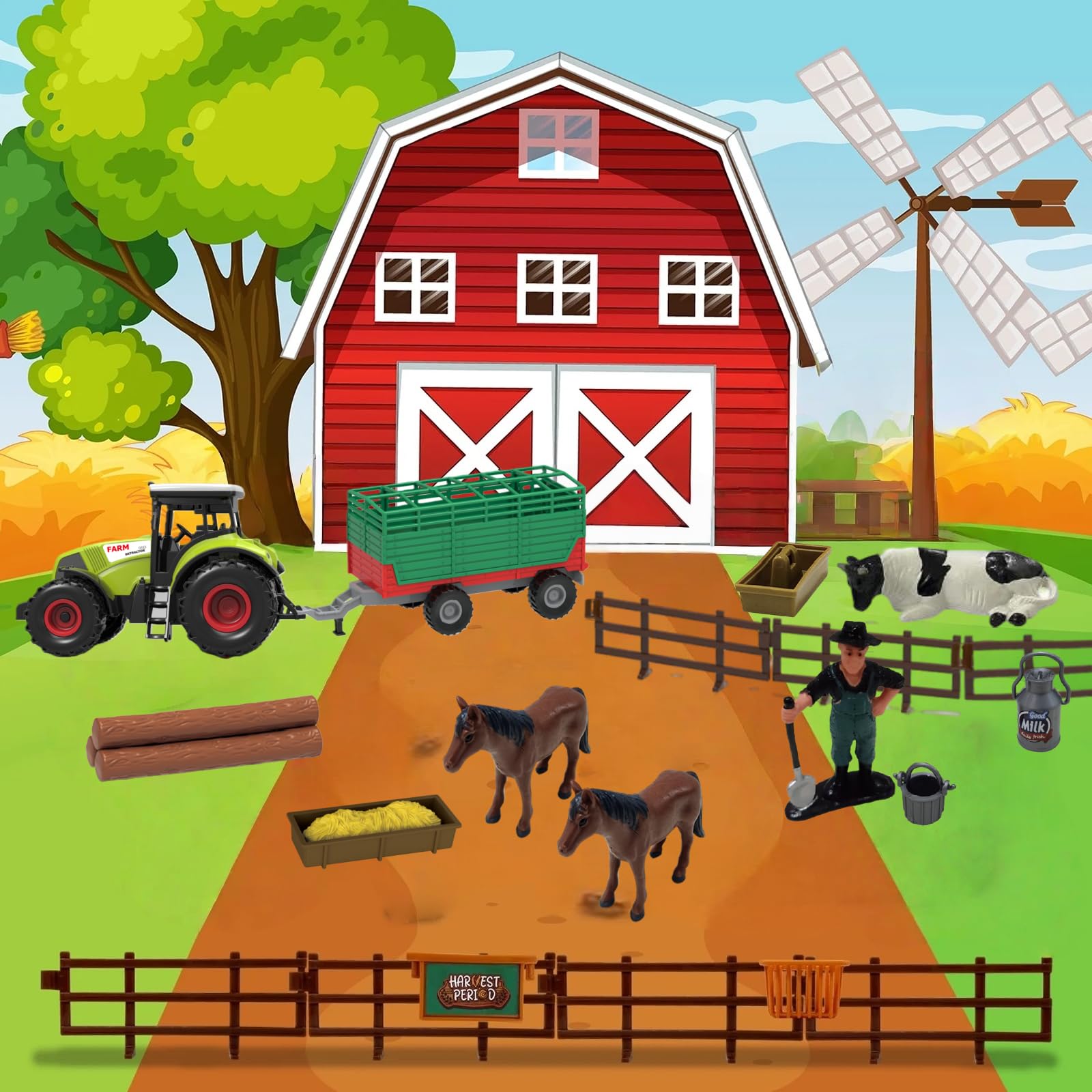 Scala 1:36 Veicolo agricolo inerziale (37 pezzi), stalle, set di combinazione di animali, giocattolo per bambini, trattore, fattoria, 3 effetti sonori simulati, luci