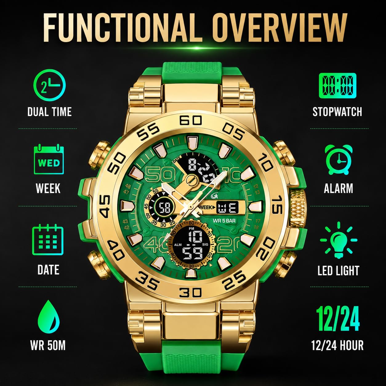 MASTOP Relojes coloridos para hombre, para deportes al aire libre, 55 mm, cara grande, camuflaje, 50 m, impermeable, militar, reloj de pulsera táctico, fecha, multifunción, alarma LED, resistente para