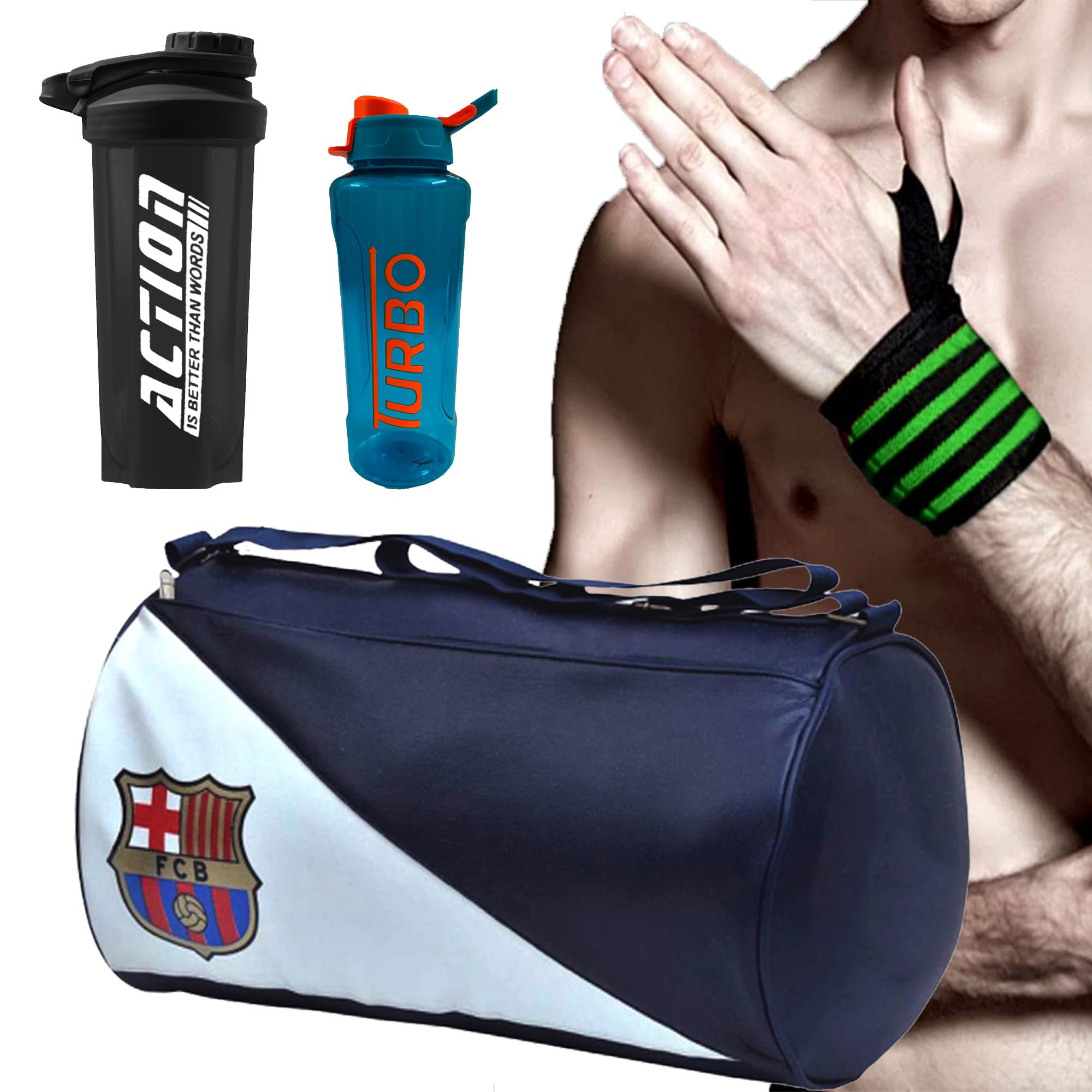 Premium Duffle Bag Action Shaker Bottle with Wrist Band| Shaker Bottle 500 ml| Turbo Sippy Bottle| Gym Duffel Bag for Fitness | Shoulder Gym Bags |Wrist Support Gym Men and Women (Green)