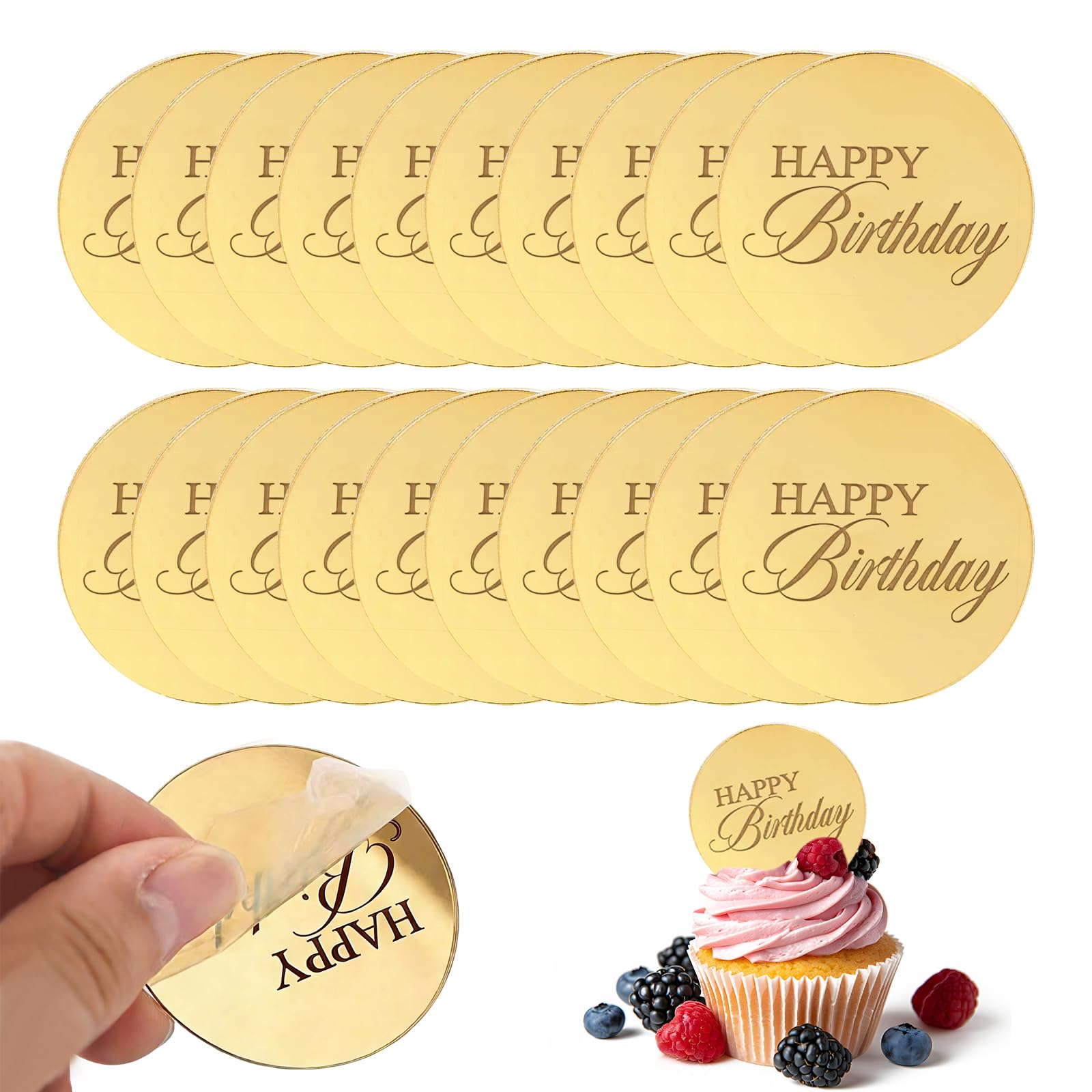 20PCS Cupcake Toppers for Birthday Party – Happy Birthday Cake Topper Round Personalised Acrylic Mirror Disc – Gold Engraved Cupcake Decorations – Reusable Dessert Birthday Party Supplies